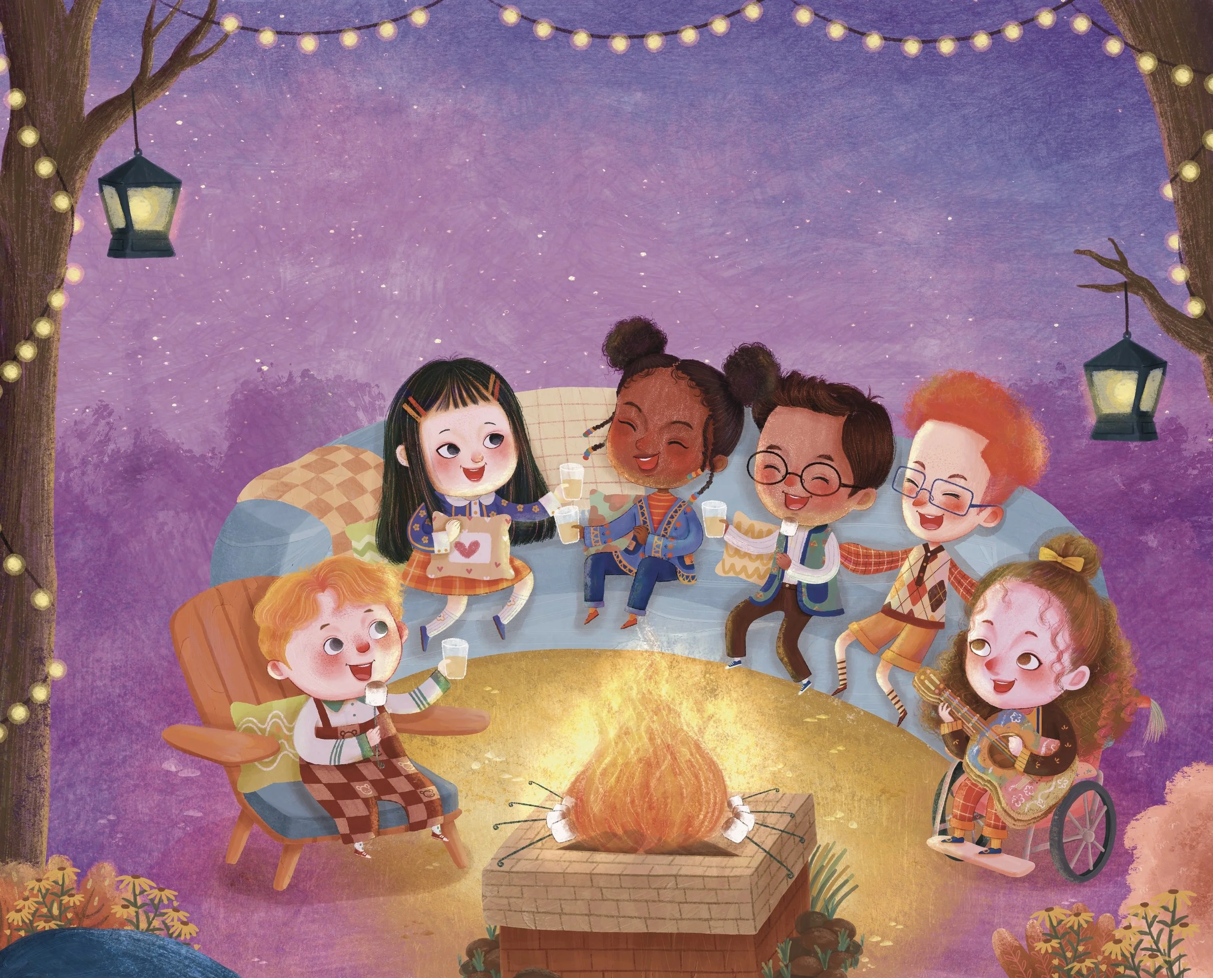 A diverse group of children gathered around a campfire at night, sitting on a circular bench, enjoying drinks and snacks, with some playing musical instruments, under string lights and decorated trees.
