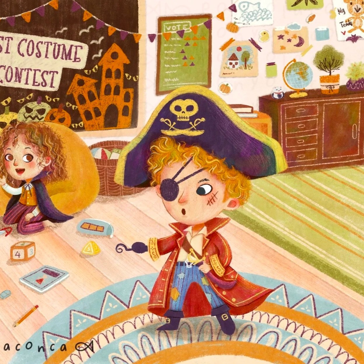 A colorful illustration of a child with curly yellow hair dressed as a pirate, standing on a patterned rug with a pirate eye patch, pirate coat, and hat with a skull and crossbones. The background features Halloween-themed decorations including a skeleton, fall leaves, pumpkins, and Halloween costumes.