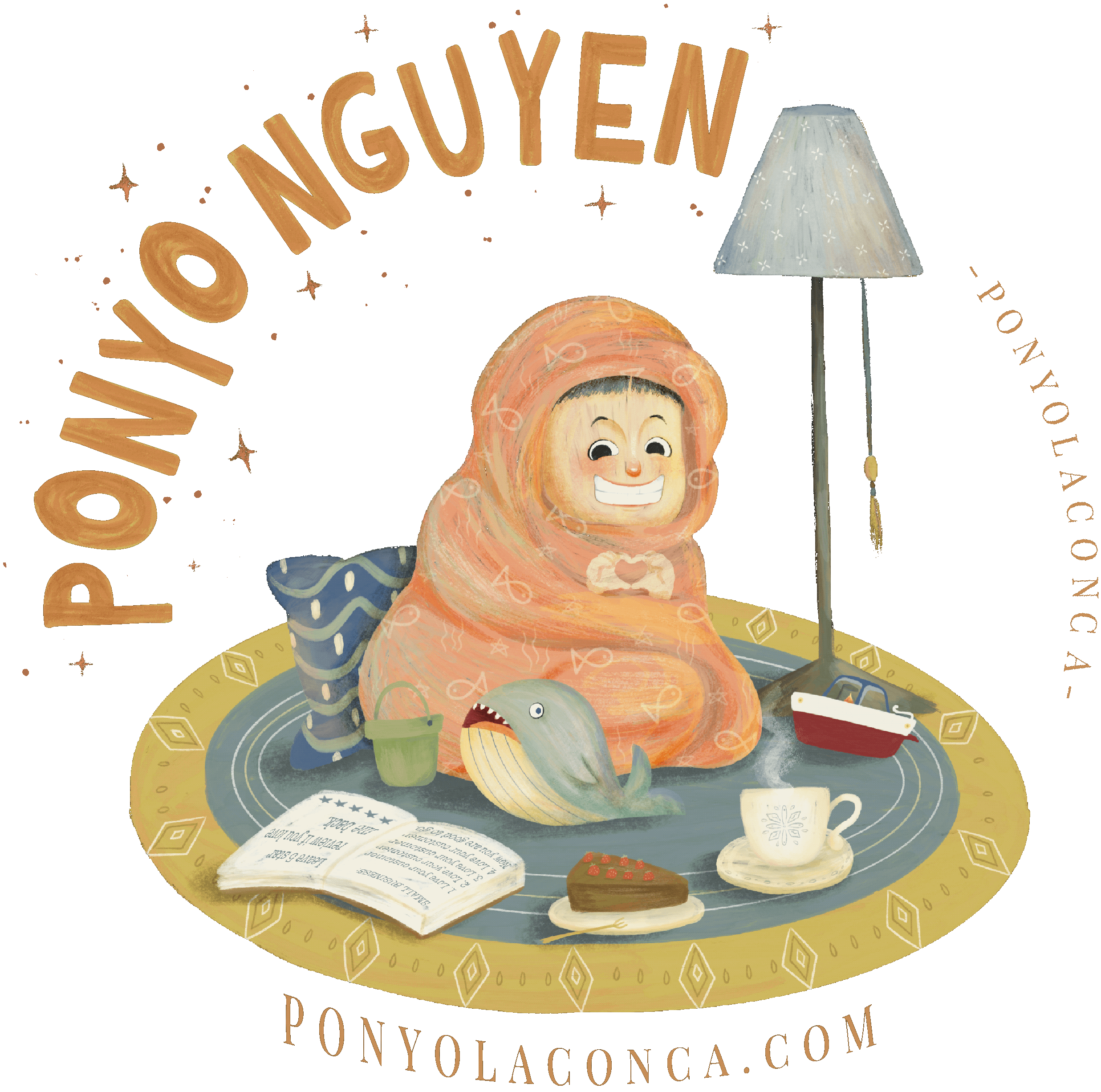 Illustration of a smiling person wrapped in an orange blanket, sitting on a round yellow rug with geometric patterns, surrounded by a fish, an open book, a cupcake, a cup and saucer, a small boat, and a bucket. There is a tall lamp to the right. Text at the top reads 'PONY OLÁ CONCA' and at the bottom 'PONYO LA CONCA' with a website link.
