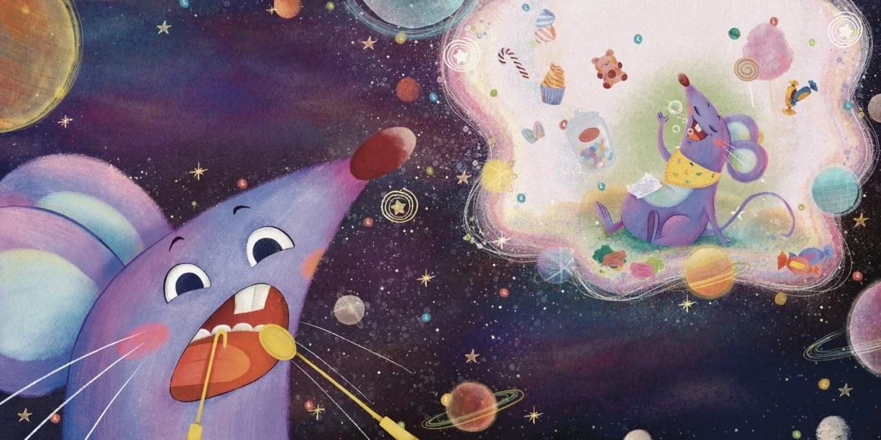 A whimsical illustration of a purple elephant with big ears and a long trunk, in space surrounded by planets and stars, dreaming of a purple mouse wearing a yellow bandana, who is eating candy and surrounded by sweets and treats.