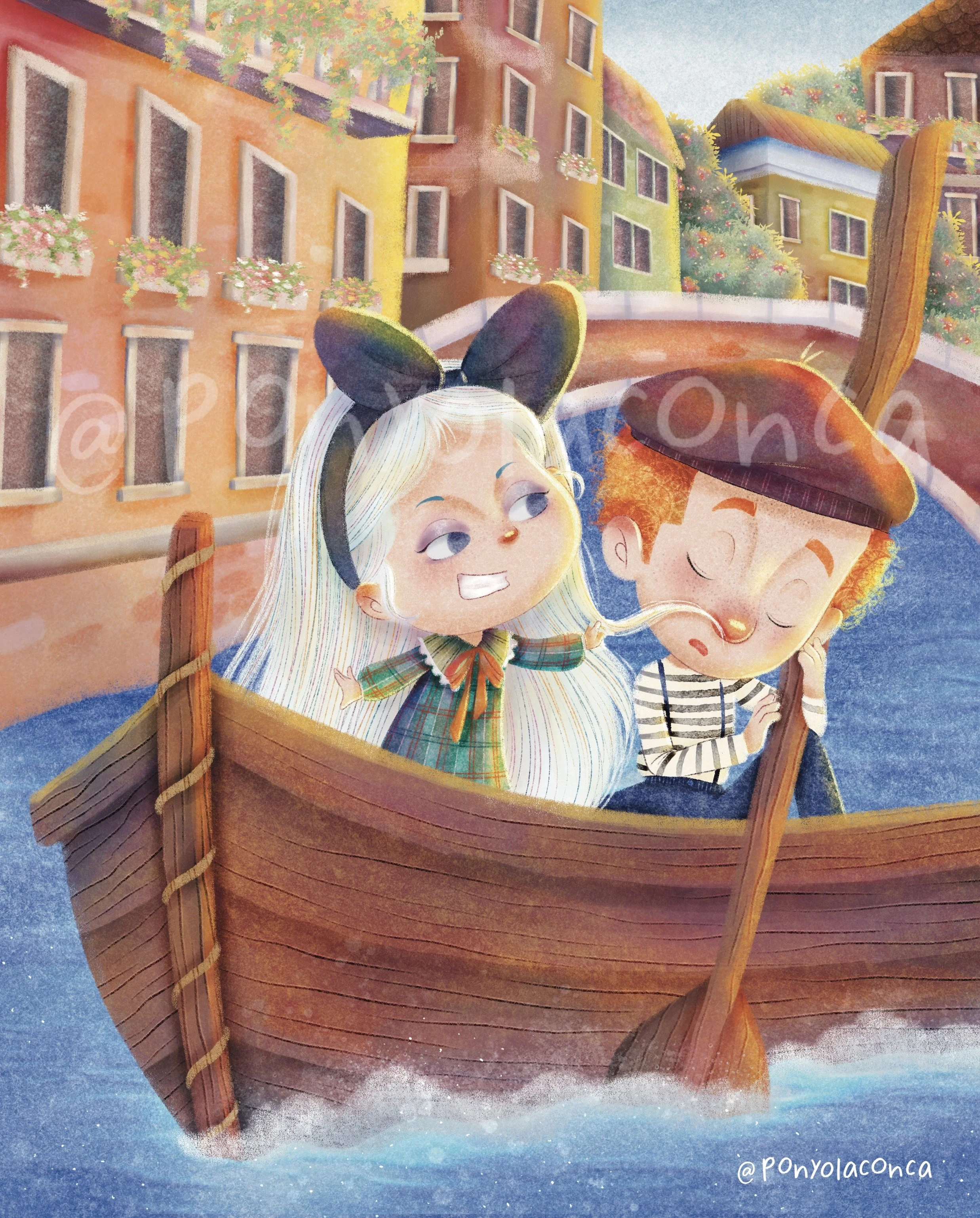Two children dressed as a girl with bunny ears and a boy with a beret, sitting in a wooden boat on a river, with colorful buildings and trees in the background.