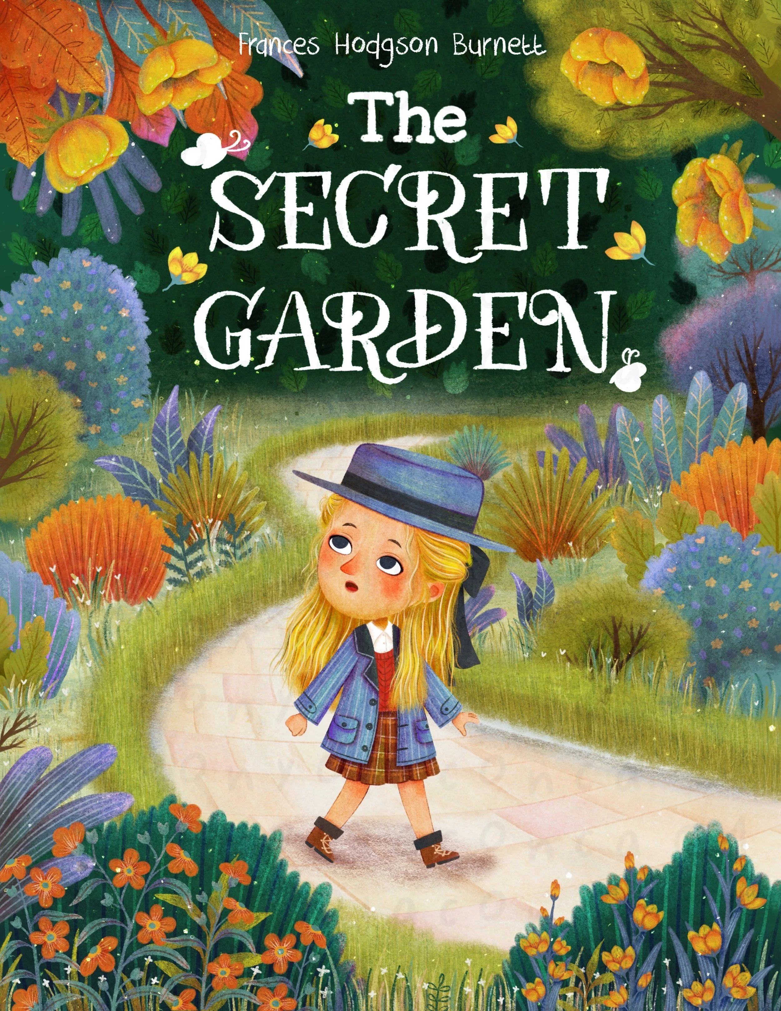 A children's book cover titled 'The Secret Garden' by Frances Hodgson Burnett features an illustrated girl with long blonde hair, wearing a blue coat, plaid skirt, and a large blue hat with a black ribbon, walking along a winding garden path surround