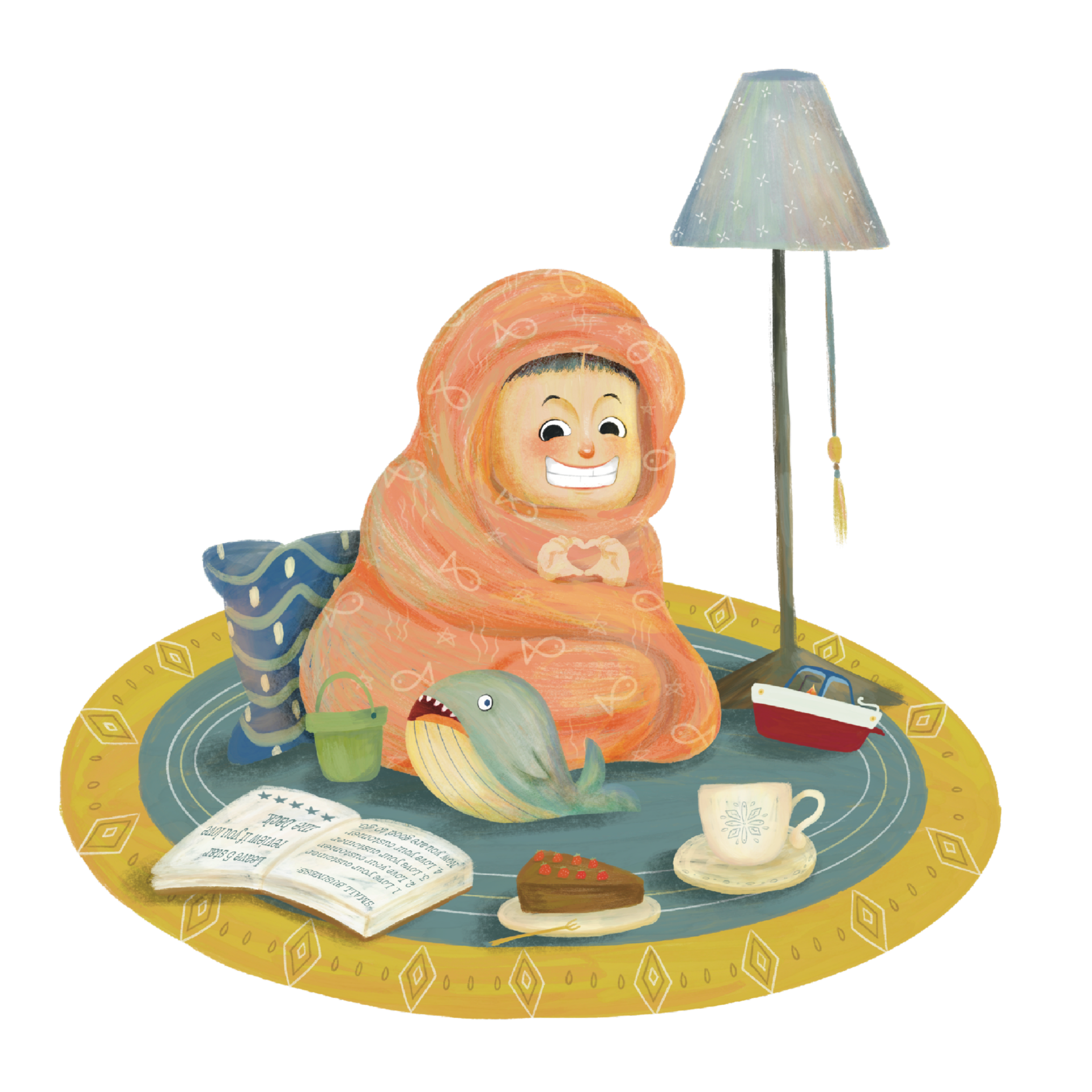 A child wrapped in an orange blanket smiling, surrounded by toys, a book, a cake slice, a cup, and a fish, sitting on a yellow patterned rug with a lamp.