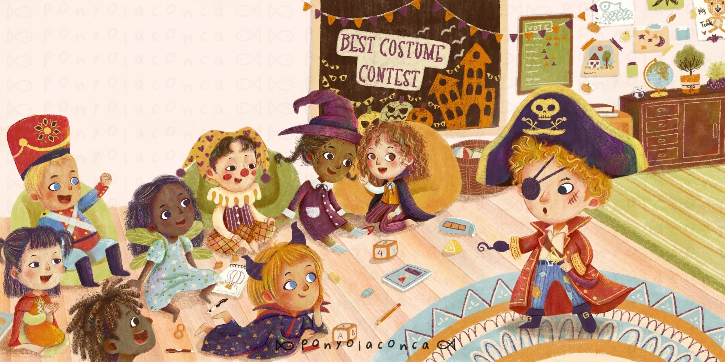 Children dressed as pirates, witches, and other costumes in a room decorated for a costume contest, with a sign reading 'Best Costume Contest' on the wall, playing and celebrating.
