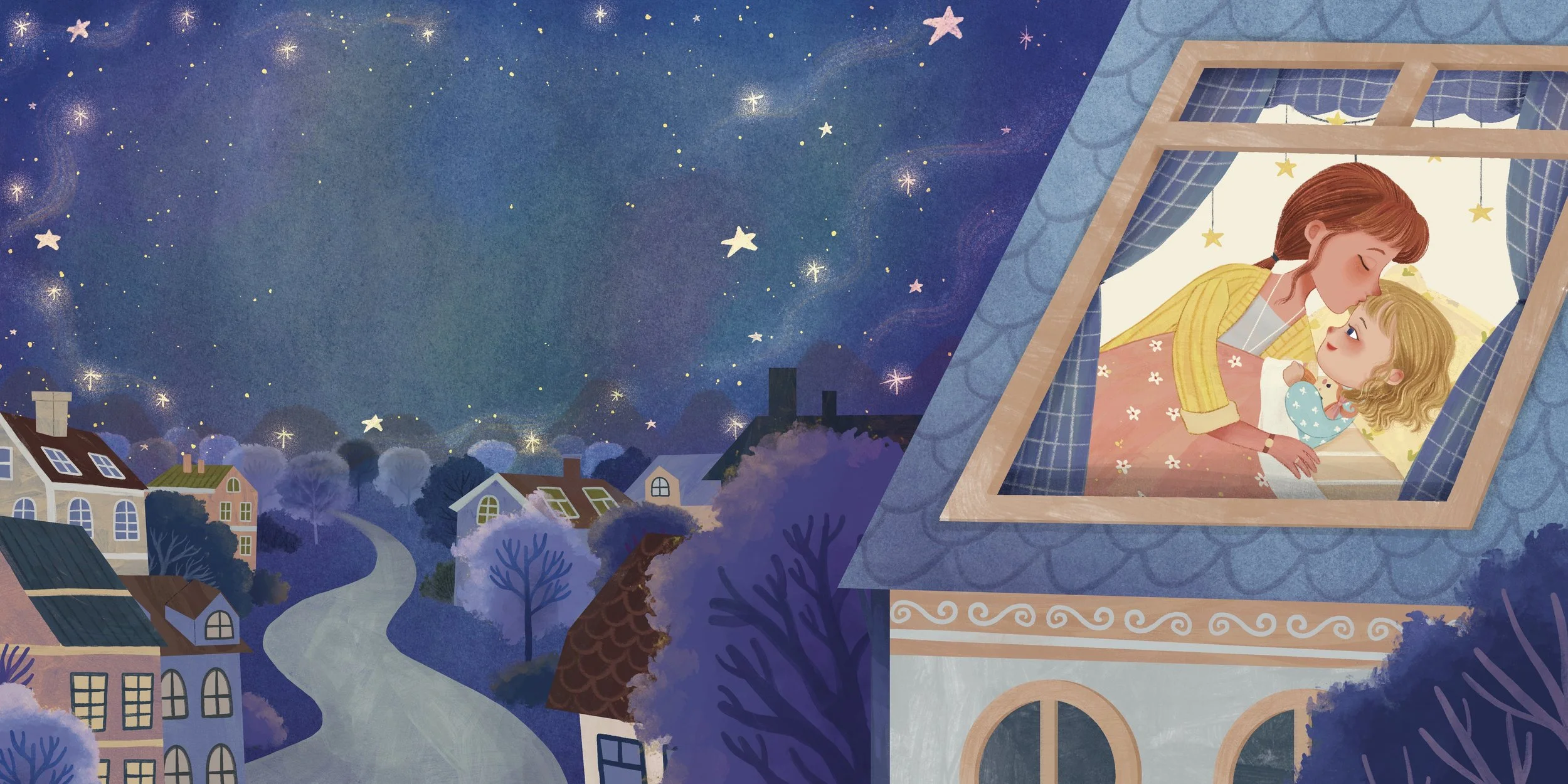 A young girl and her mother share a tender moment at a bedroom window, with stars illuminating the night sky outside.