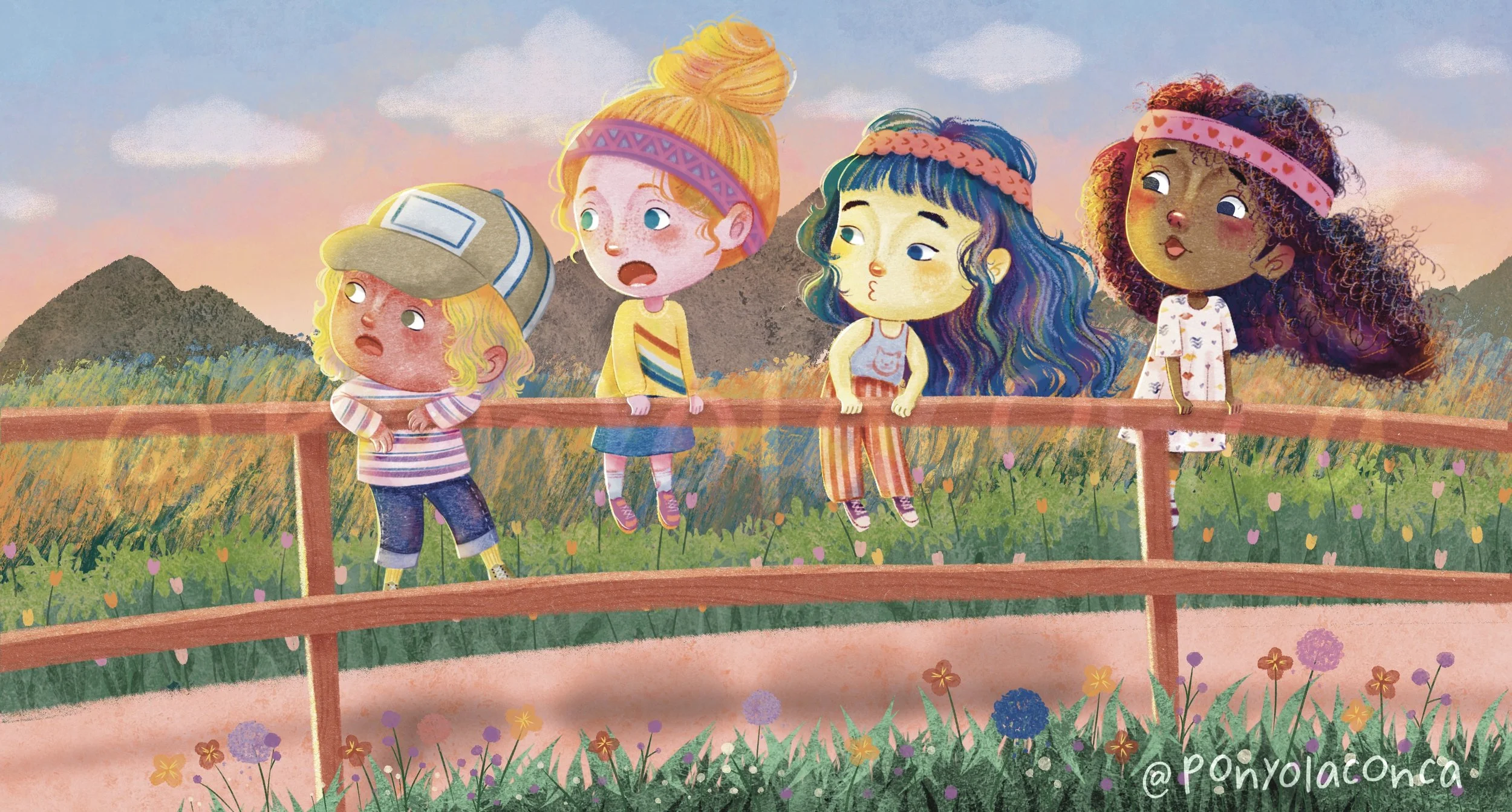 Four children on a wooden fence in a field during sunset, with mountains in the background. The children have different hair colors and styles, some wearing headbands and hats. They appear surprised or concerned.