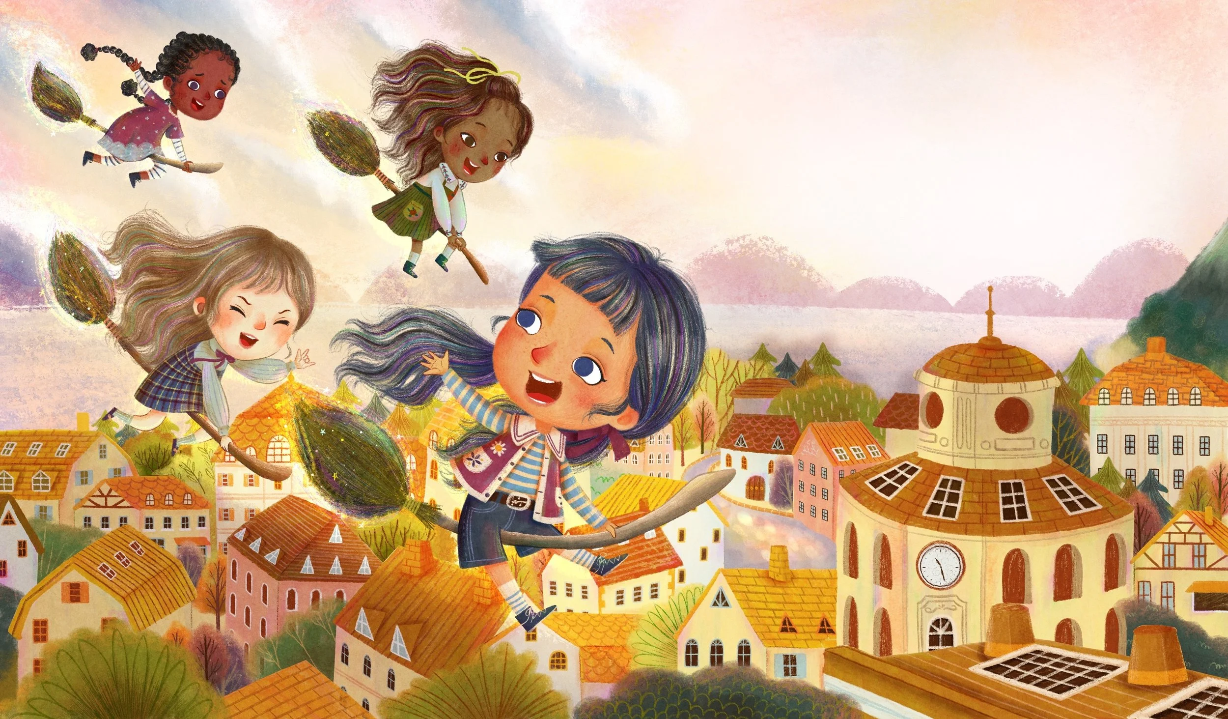 A colorful illustration of five children flying on broomsticks over a town with orange-roofed houses, a large clock tower, and mountains in the background. The children appear joyful and are engaging in a magical activity.