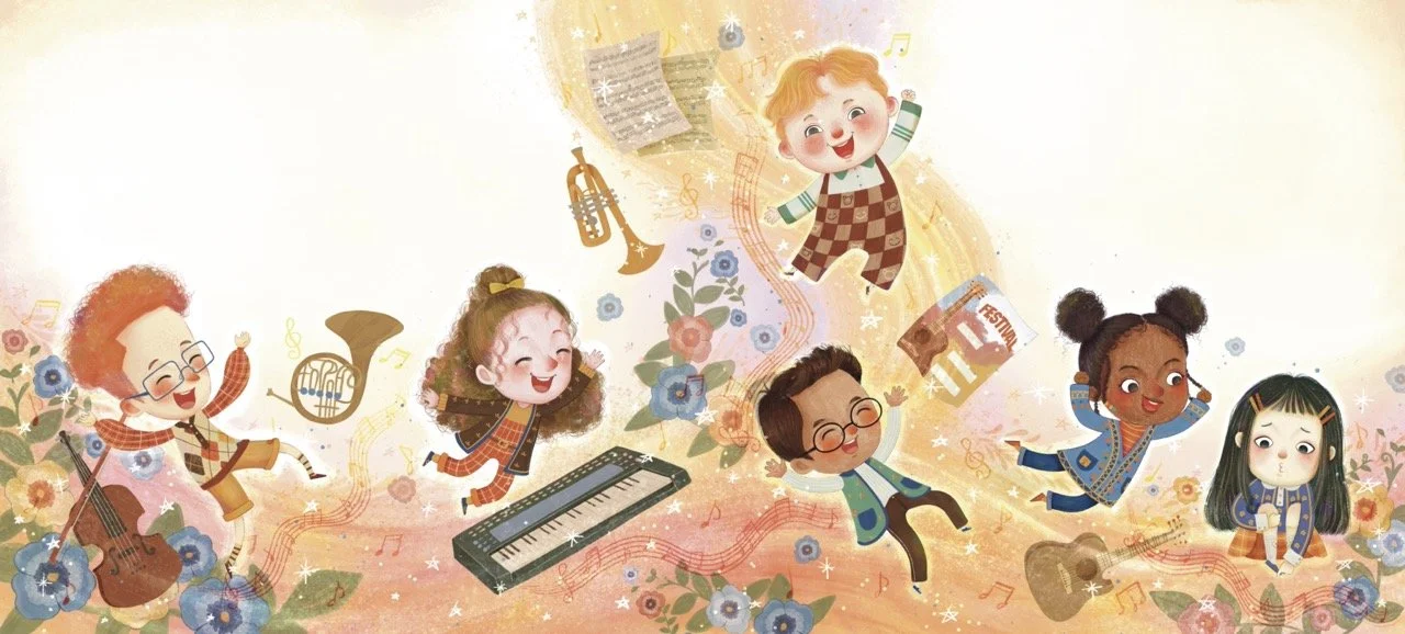 Illustration of children playing musical instruments and dancing with colorful flowers and musical notes surrounding them.