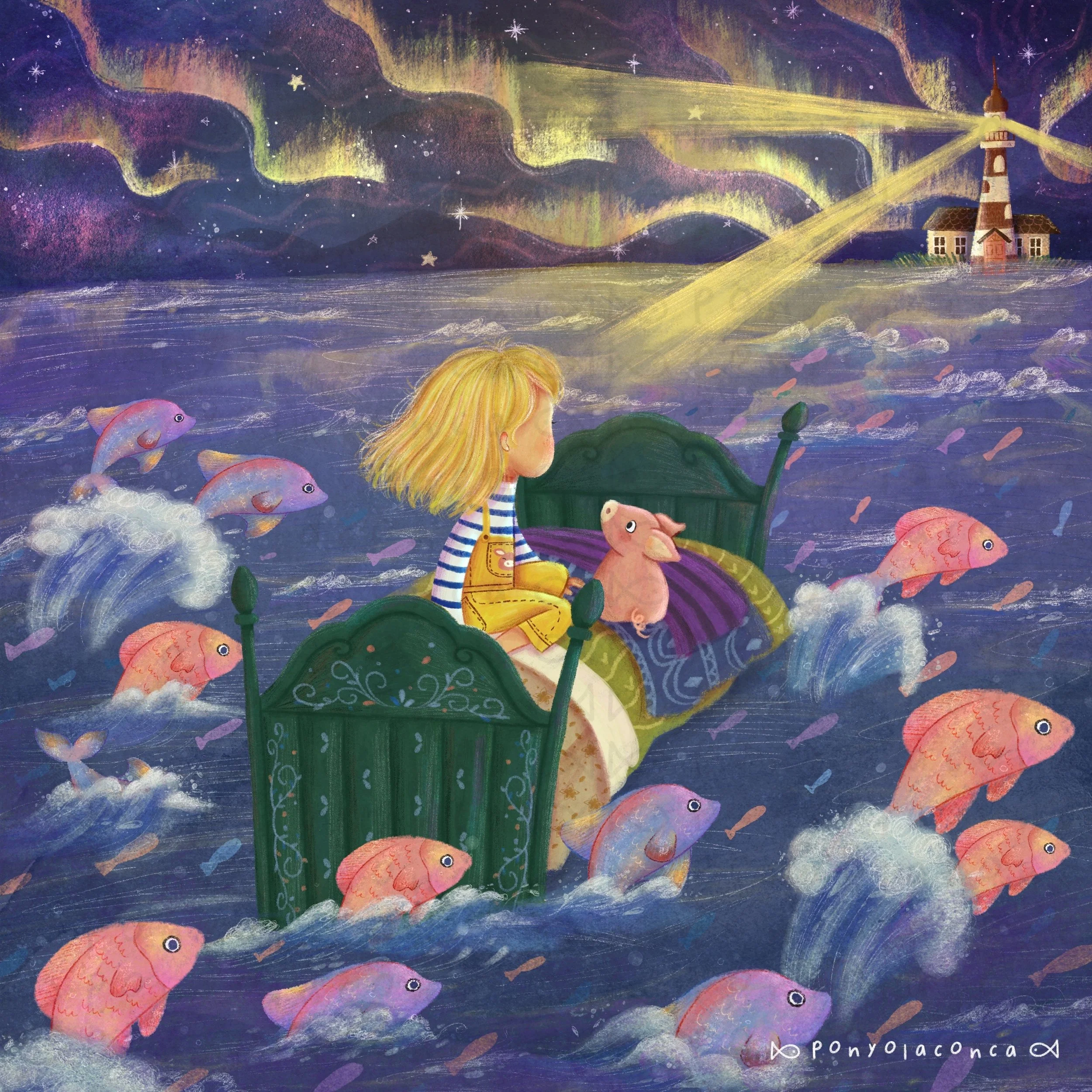 A girl with blonde hair sitting on a submerged bed in the water, surrounded by pink and purple fish. She is wearing yellow overalls and a striped shirt, looking towards the lighthouse in the distance. The night sky is filled with swirling northern li