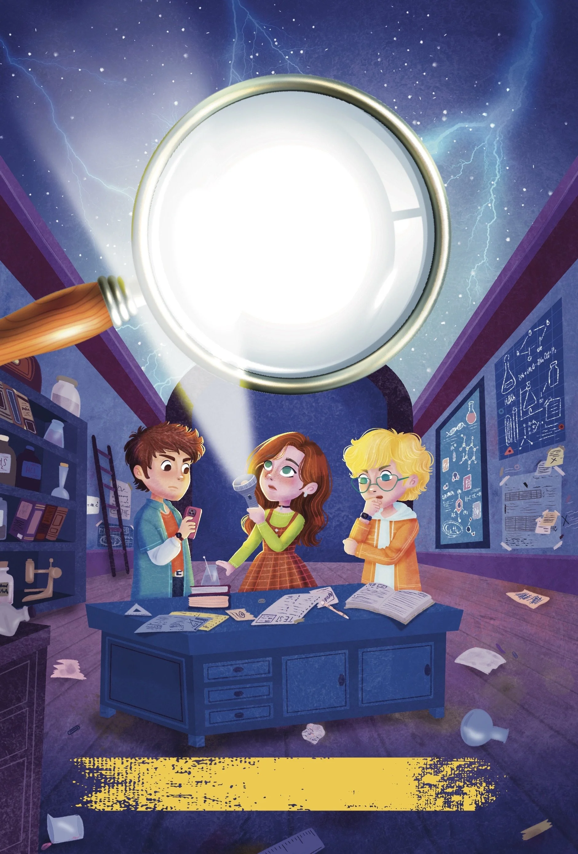 Cartoon illustration of three children in a science lab looking at a large, glowing, spherical object hanging from the ceiling, with scientific equipment and posters on the wall, and papers scattered on the floor and table.
