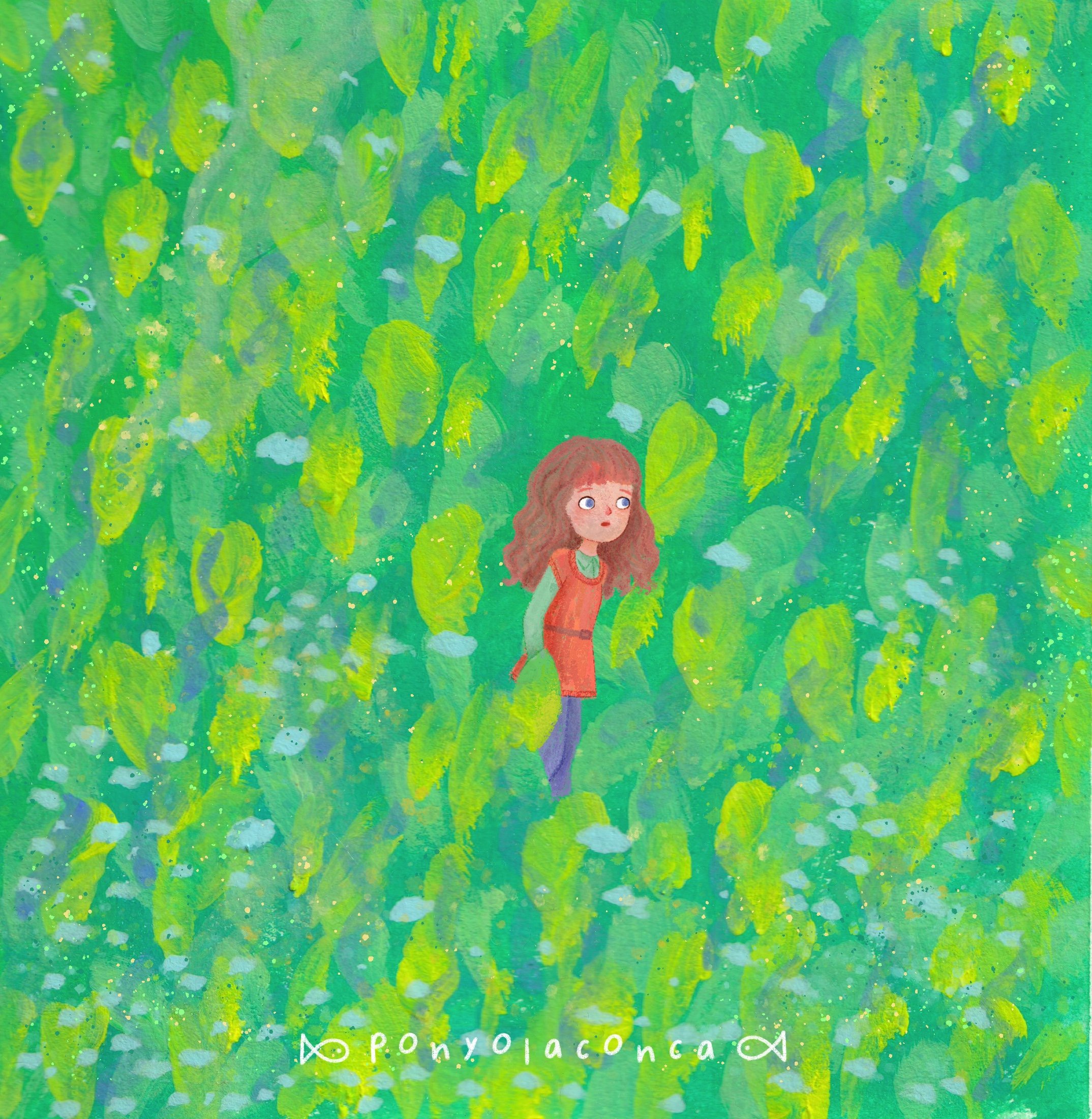 A young girl with wavy brown hair, wearing an orange dress and purple shoes, stands among lush green leaves and foliage, with a thoughtful expression.