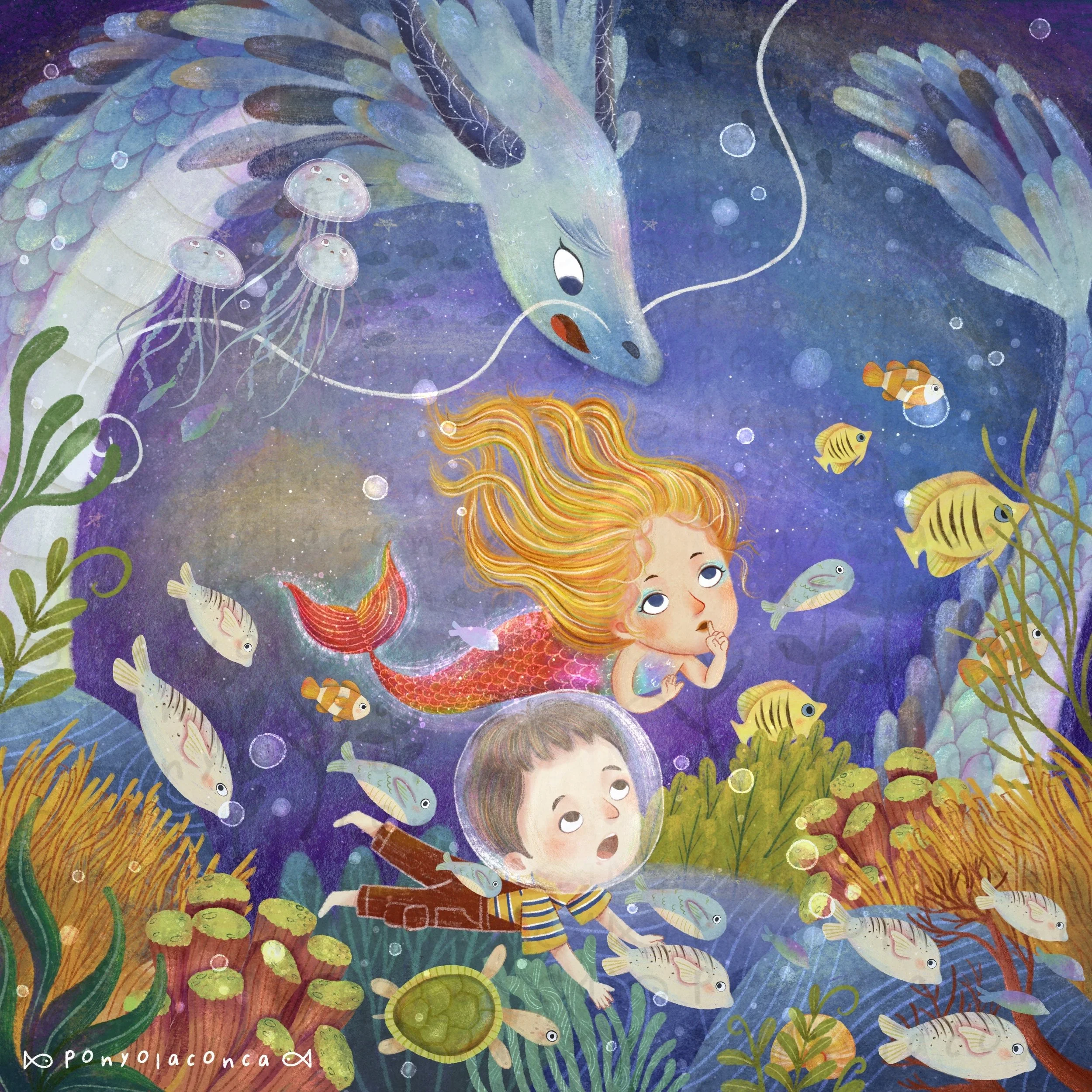 Colorful underwater scene with two children in animal-shaped helmets, a mermaid with flowing blonde hair, a unicorn, various fish, jellyfish, seaweed, and coral.