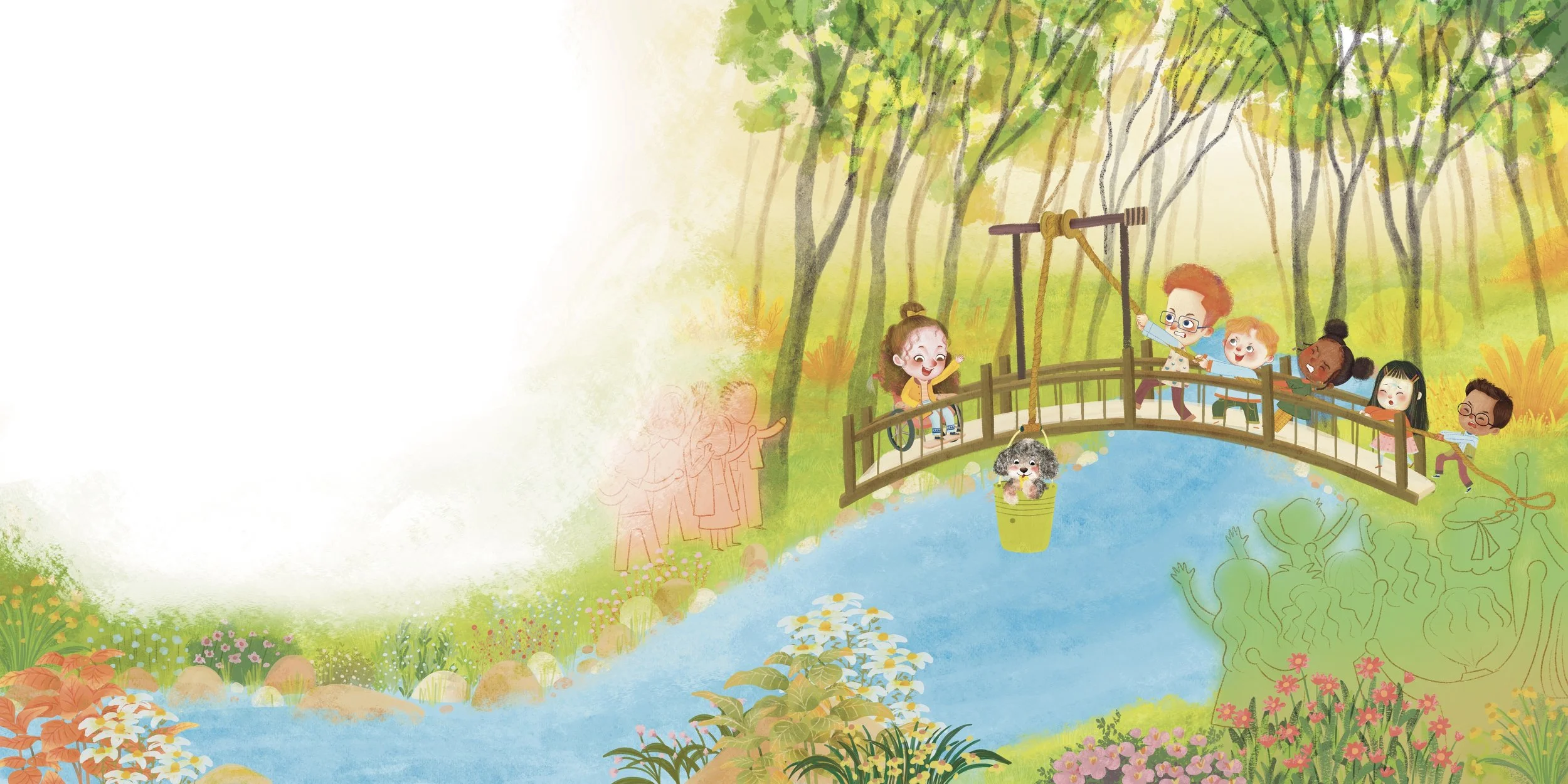 Children and adults enjoying a boat ride on a pond in a park surrounded by trees and colorful flowers on a sunny day.