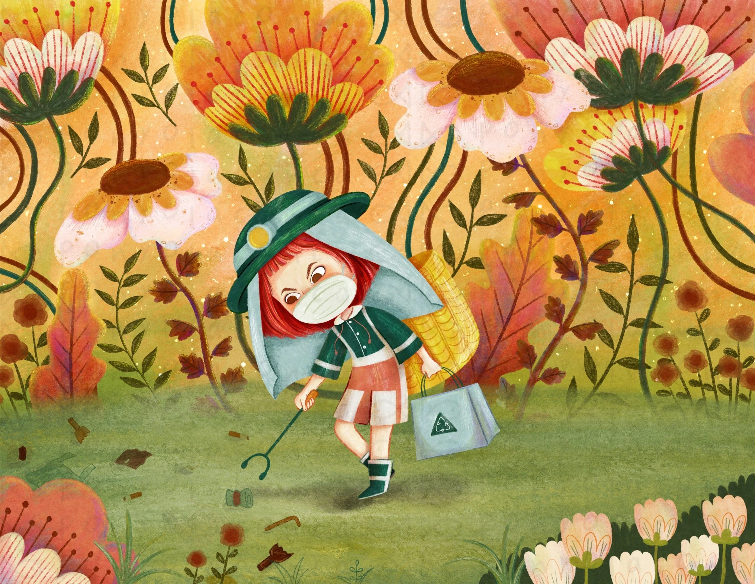 A cartoon girl with red hair, wearing a face mask, a green hat, and a gardening outfit, is picking up trash with a trash grabber in a colorful garden filled with large flowers and leaves.