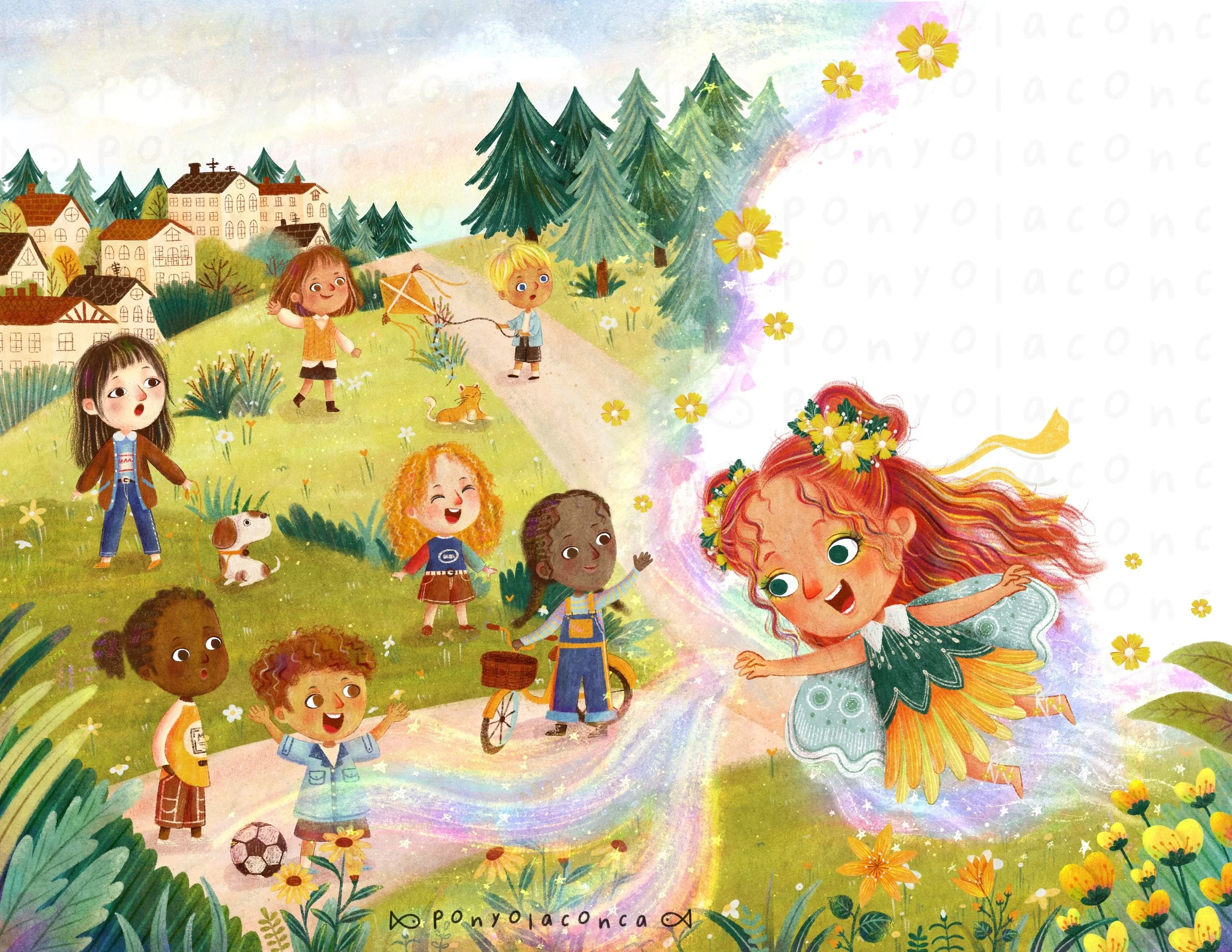 Children playing outdoors with a fairy, forest, and houses in the background. The fairy with red hair, green eyes, and flowers in her hair floats above the children, surrounded by a rainbow glow, with children happily watching.