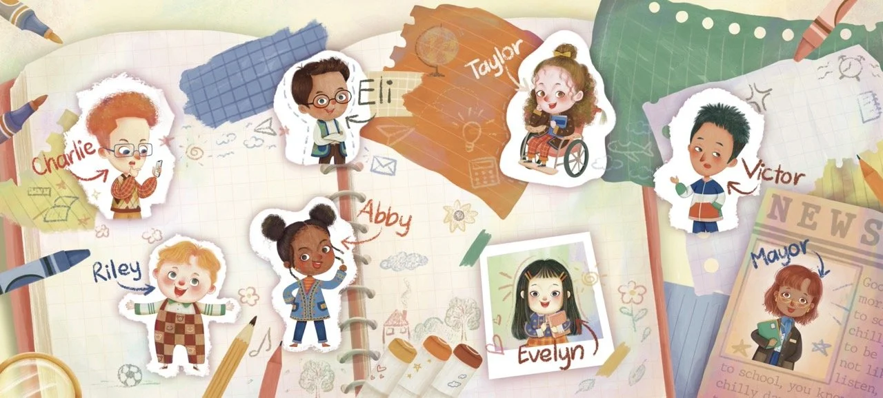 Illustration of children with their names labeled, including Charlie, Riley, Eli, Abby, Evelyn, Taylor, Victor, and Mayor, in a colorful school-themed setting.