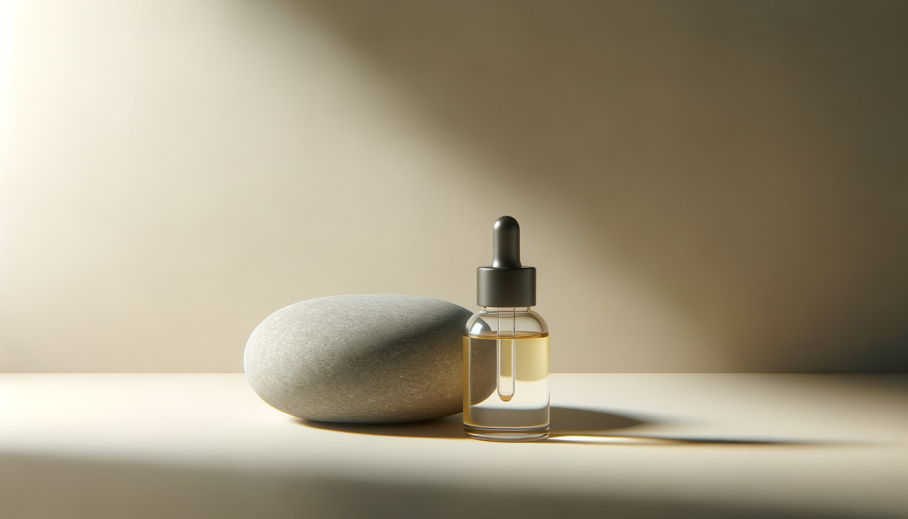 A small glass dropper bottle with a black cap and a rubber top, filled with a yellow liquid, sitting next to a smooth, oval gray stone on a white surface with soft lighting and a beige background.