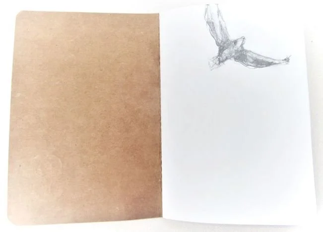 Open sketchbook with a drawing of a bird in flight on the right page.