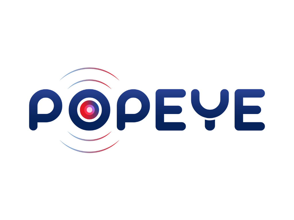 PopEye logo in dark blue, stylised font, with a concentric circle target design in red, white, and purple replacing the letter 'O', surrounded by curved lines in red and blue.
