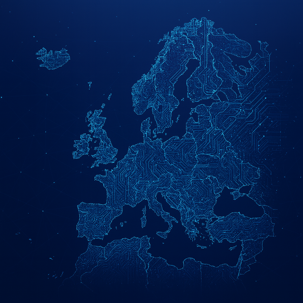 Digital map of Europe with circuit board lines on a dark blue background.