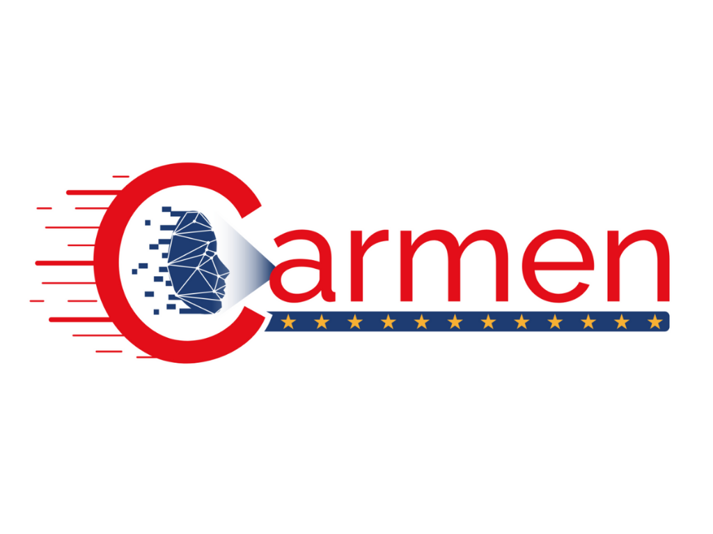 CarMen logo featuring a stylised eye and face silhouette, stars, and red, white, and blue colours.