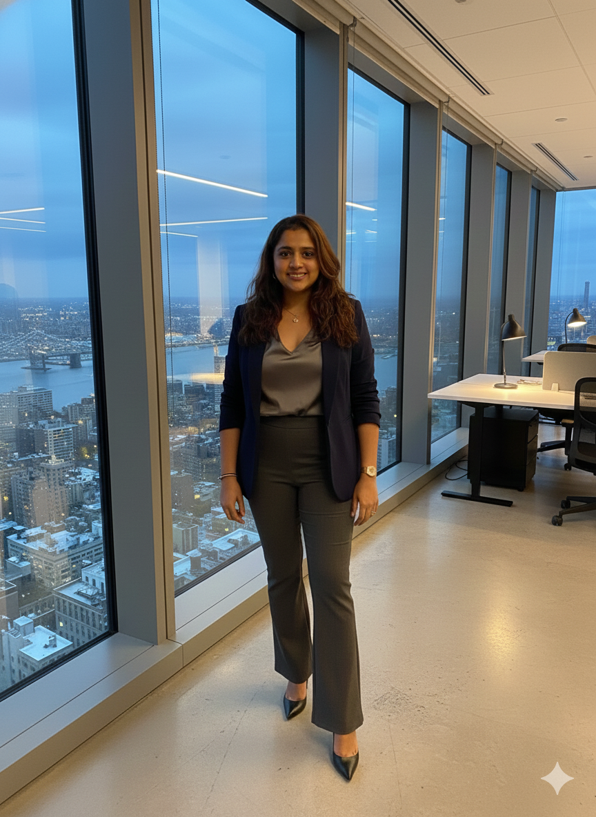 A woman with long wavy brown hair smiling and standing in an office with large floor-to-ceiling windows showing a city skyline and river during dusk. She is wearing a dark blazer, matching pants, a gray blouse, black heels, a watch, and a bracelet.