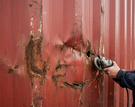 Parete laterale di un container dry arrugginita con segni di ammaccature