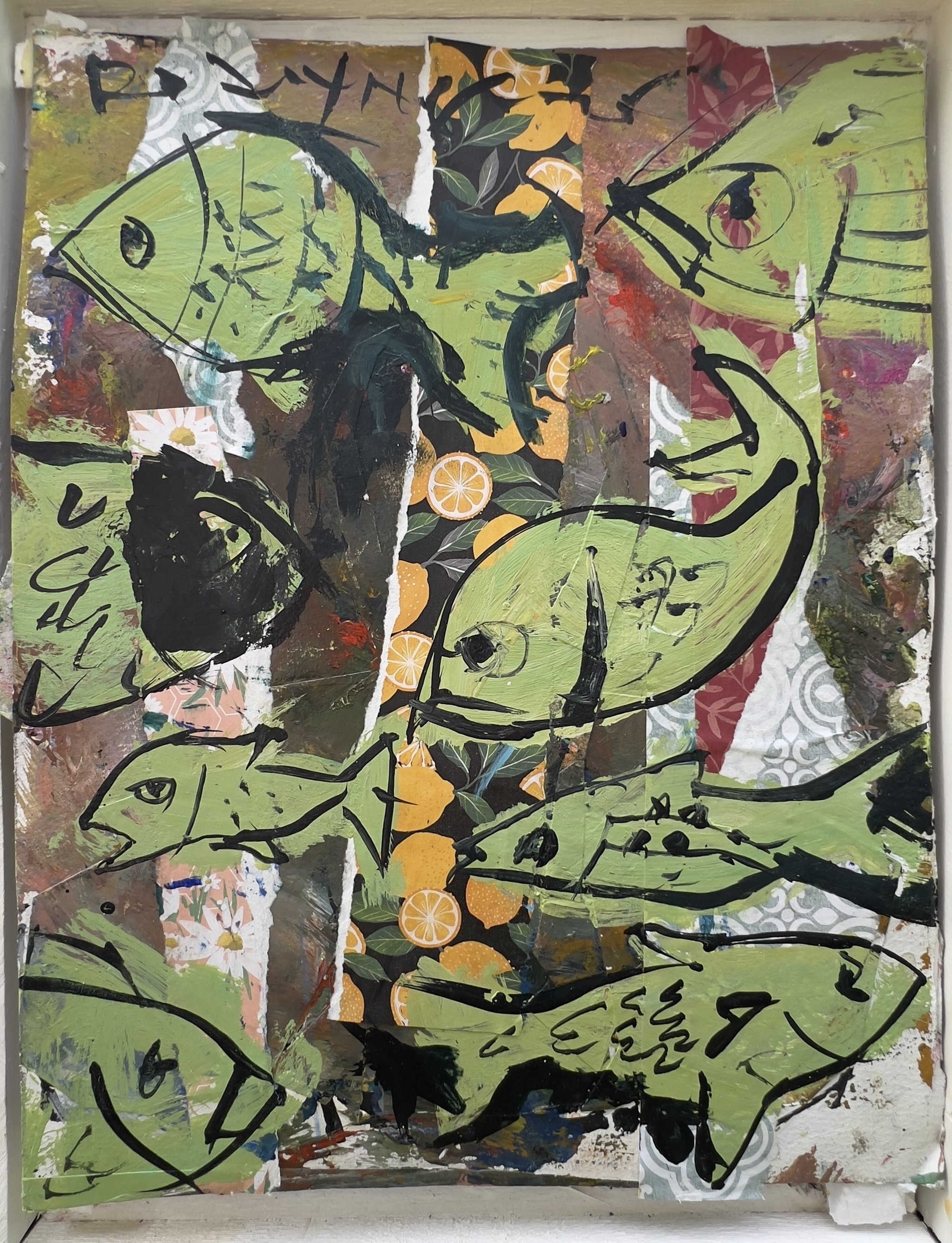 original mixed media collage fish painting on archival paper shows all edges