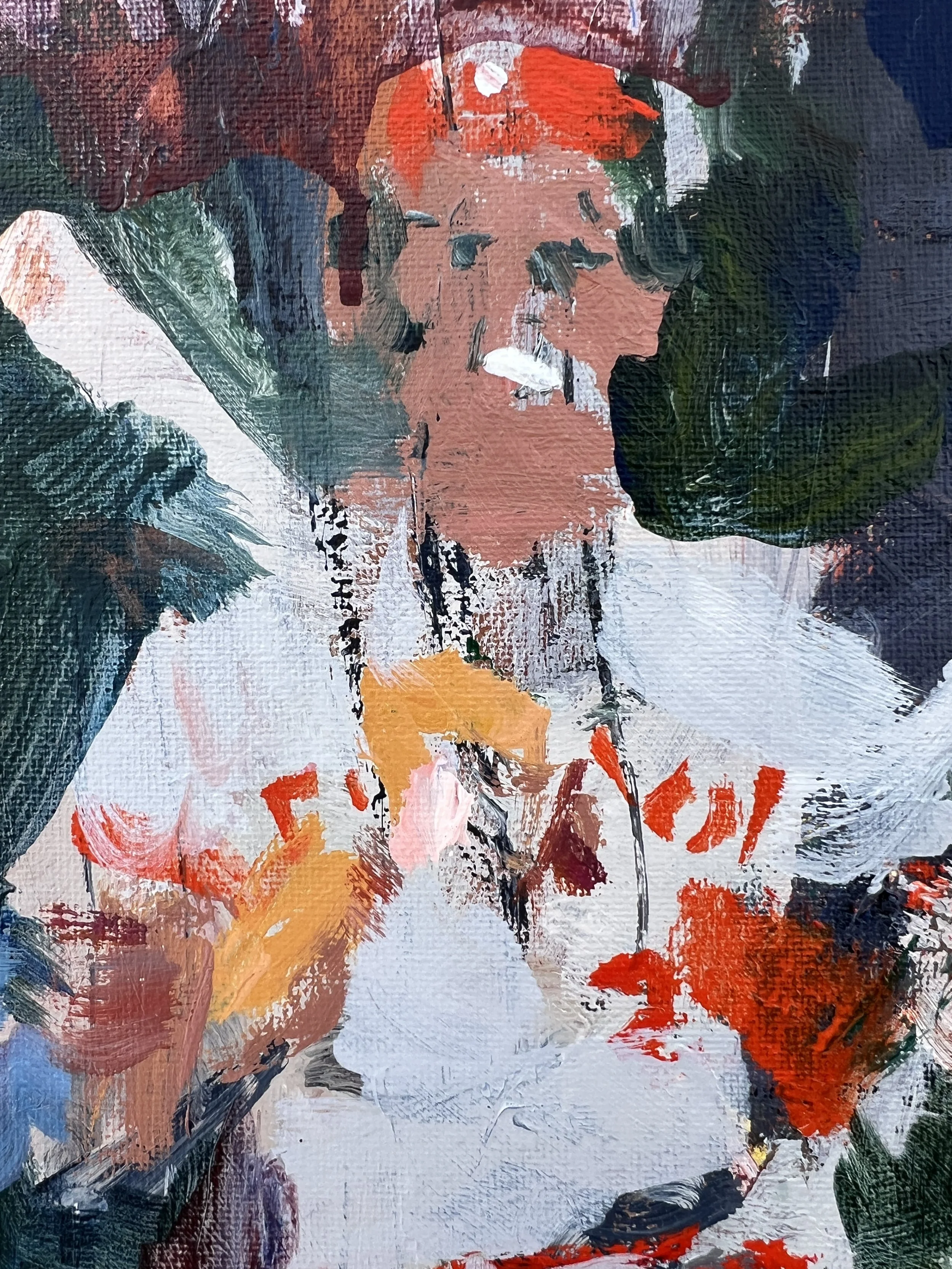 Detail view of Big Red Machine Reds legends Rose Bench Perez Morgan original acrylic painting by Robert Joyner