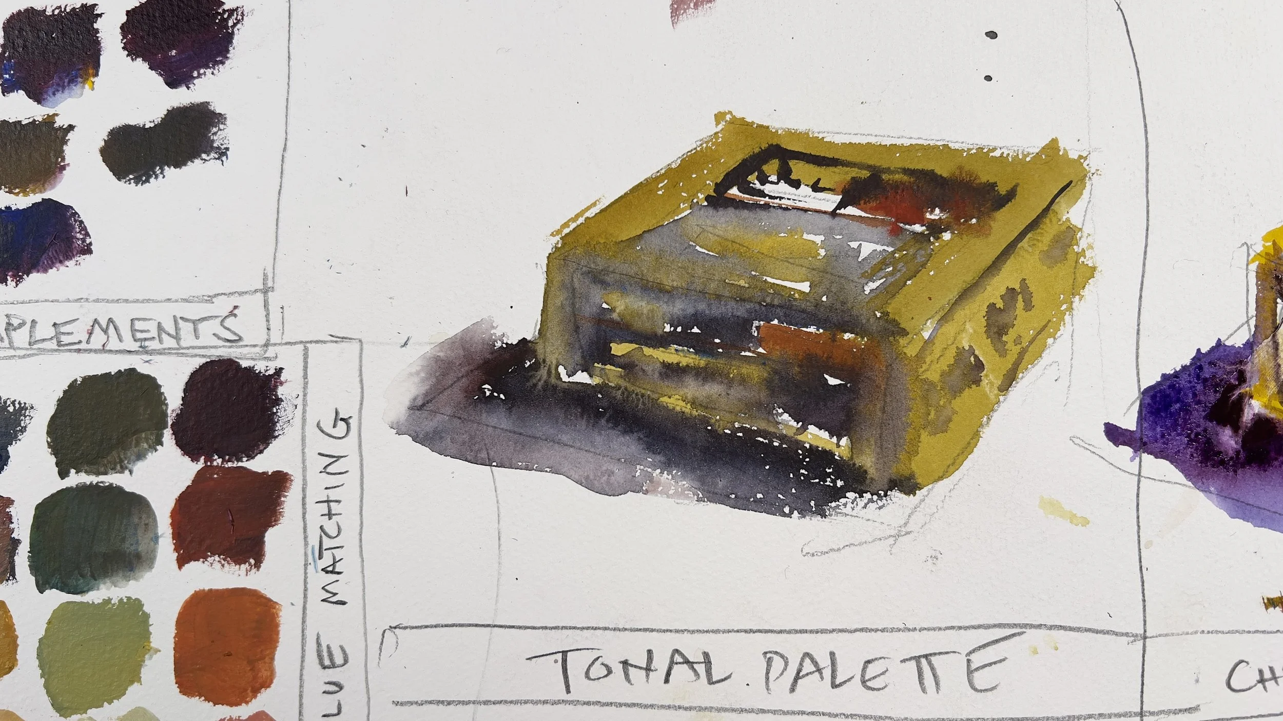 Sketch of a yellow box of art supplies, including what appears to be a palette and brushes, surrounded by swatches of various colors on a white background.