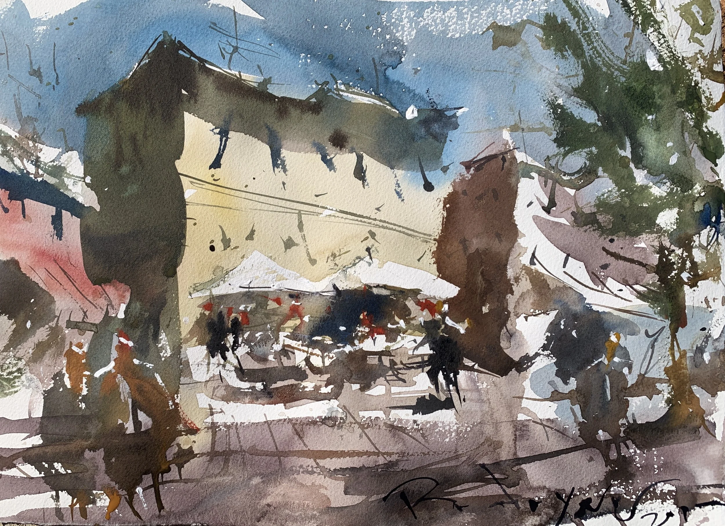 Loose urban watercolor landscape painting