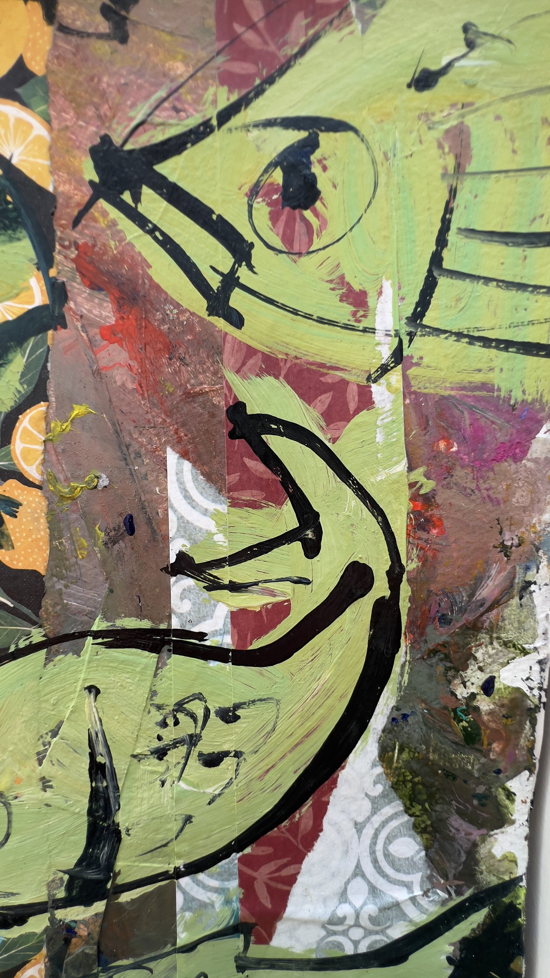 original mixed media collage fish painting on archival paper close up 2