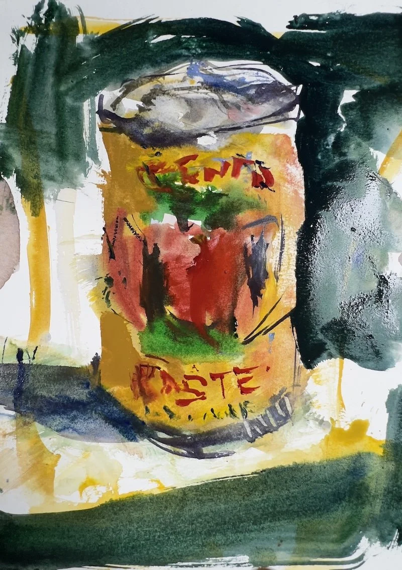 loose watercolor painting with can of tomatoes