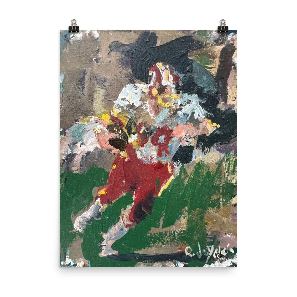 John Riggins Washington Redskins art print by Robert Joyner, loose expressive football painting hanging from clips