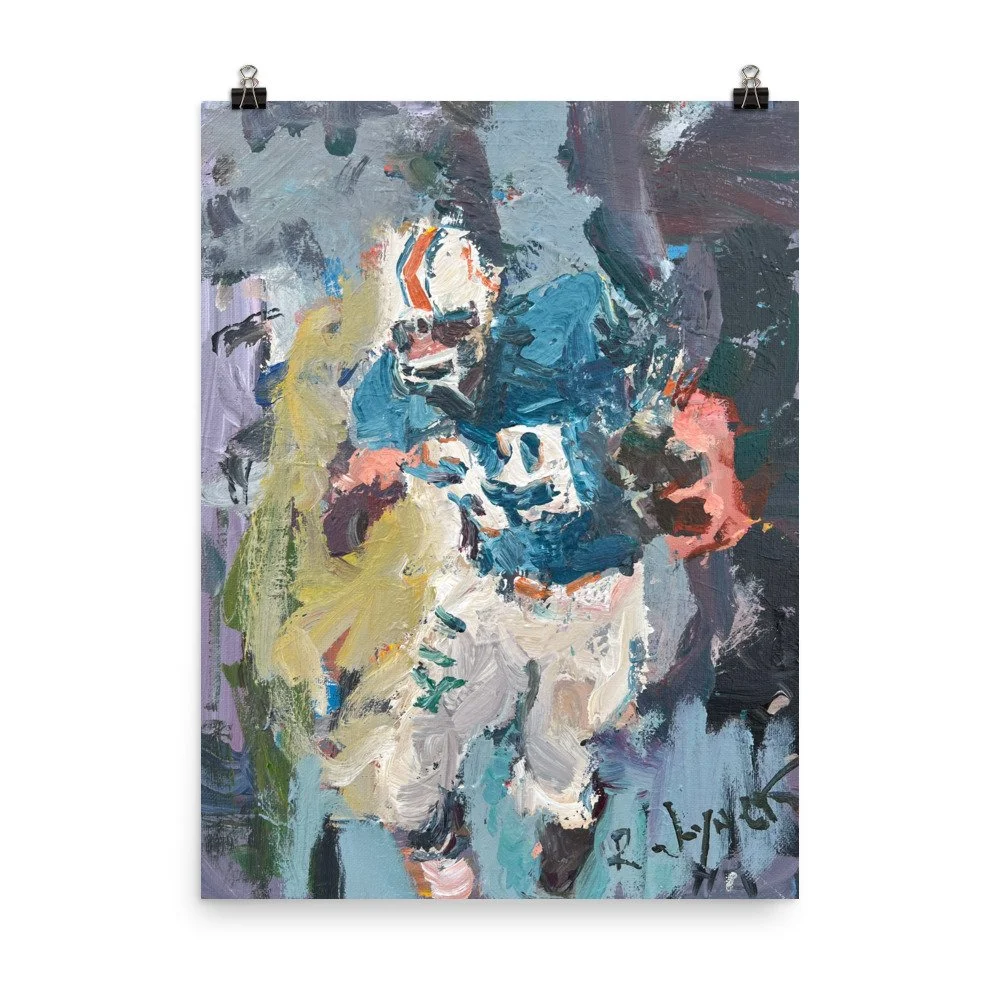 Larry Csonka Miami Dolphins art print by Robert Joyner, loose expressive football painting hanging from clips