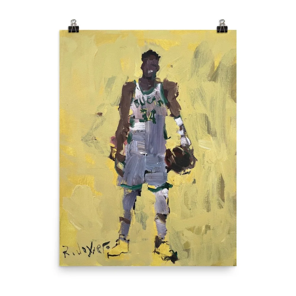 Giannis the Greek Freak Bucks art print by Robert Joyner, loose expressive basketball painting hanging from clips