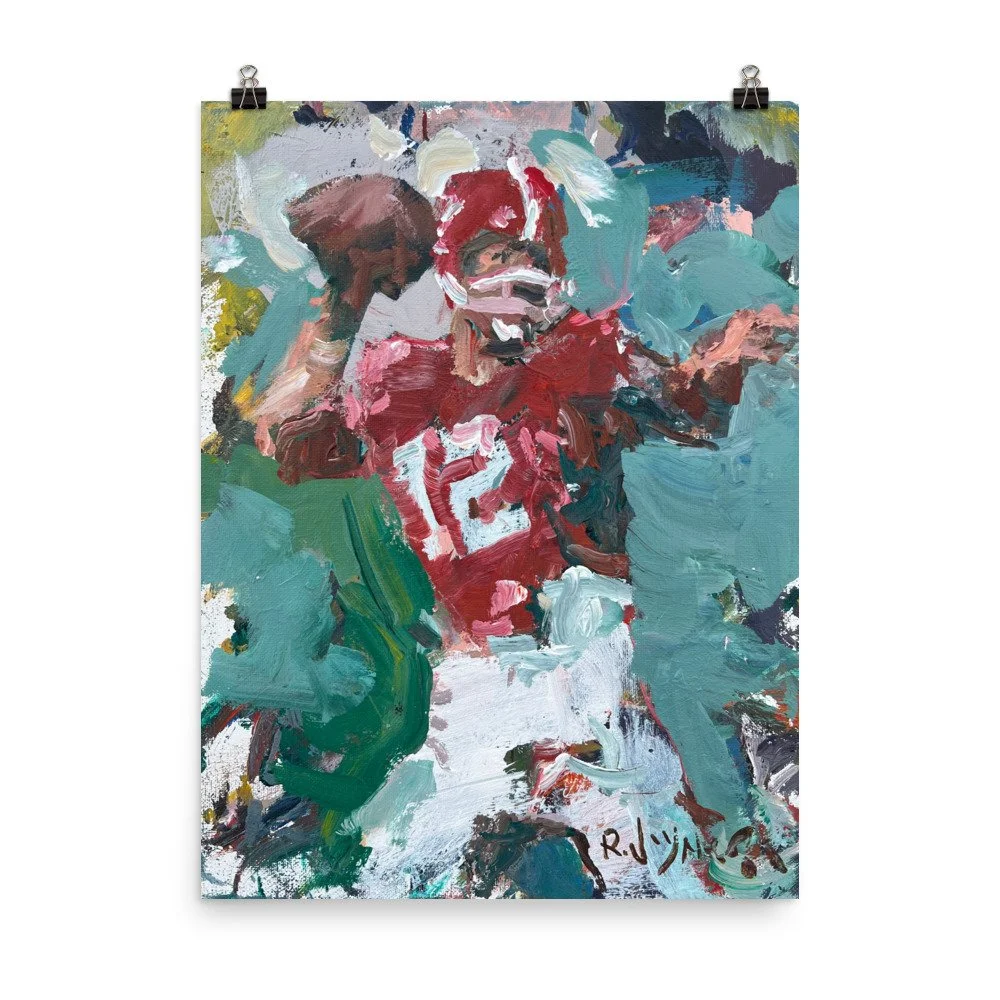 Joe Namath Alabama Crimson Tide art print by Robert Joyner, loose expressive football painting hanging from clips