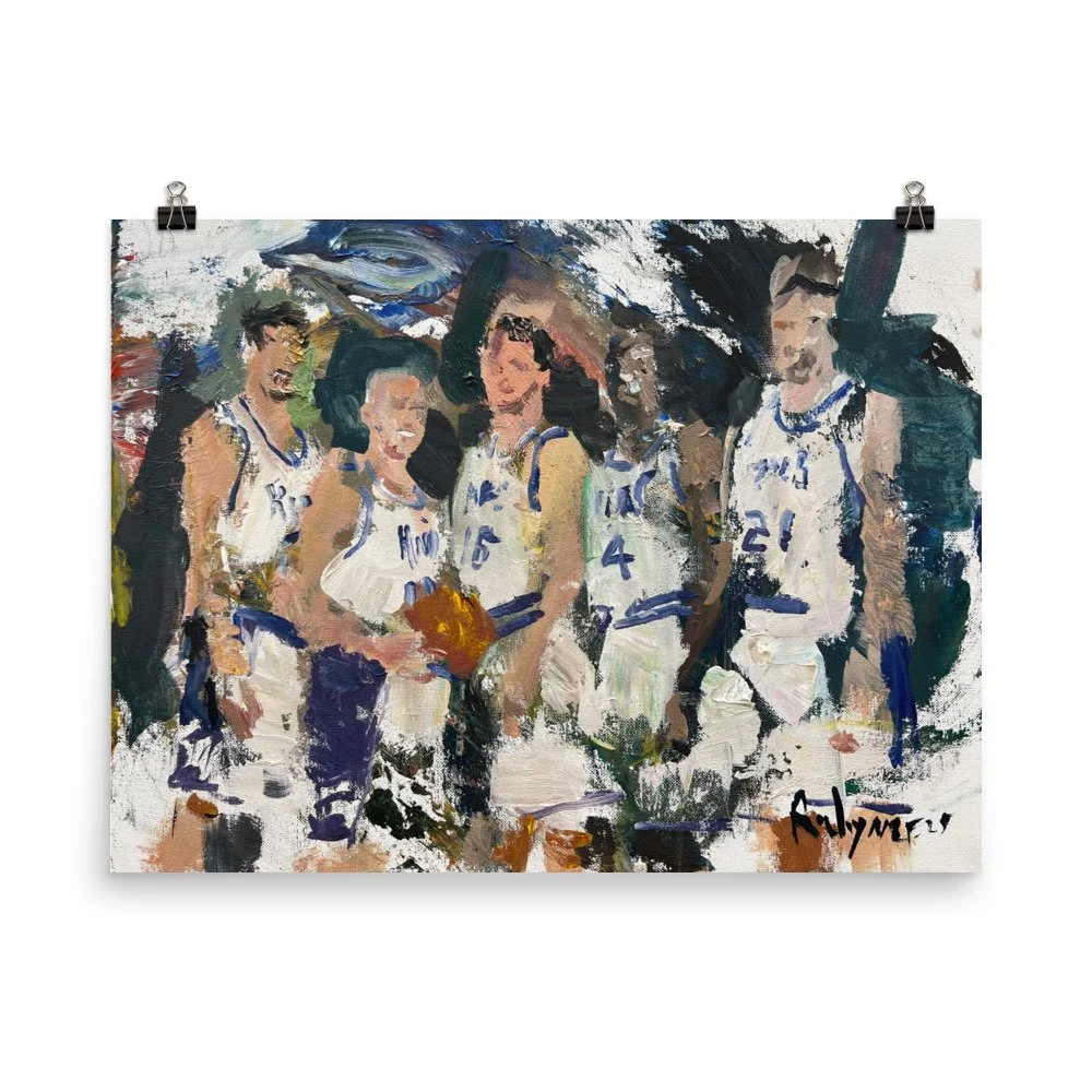 2000s Sacramento Kings legends art print by Robert Joyner featuring Webber Divac Bibby Peja and Christie hanging from clips