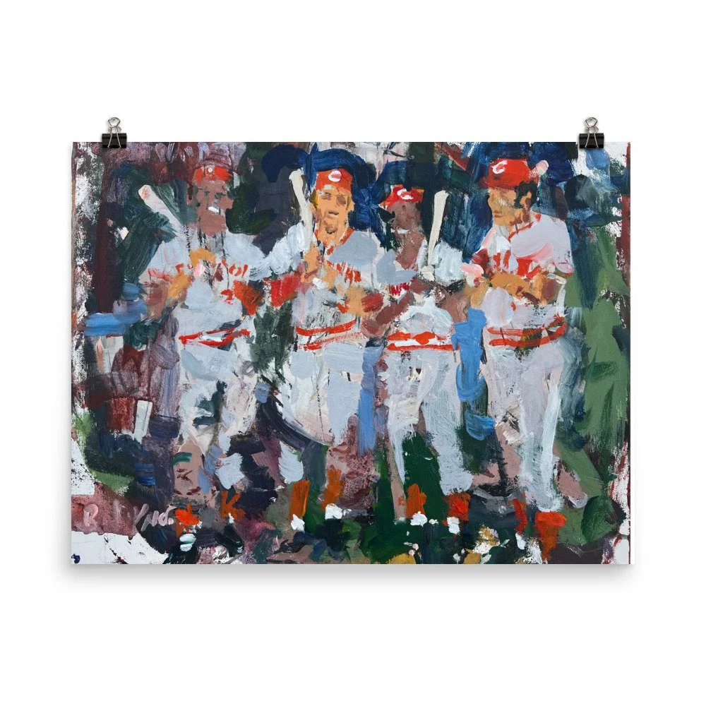 Big Red Machine art print by Robert Joyner featuring Pete Rose Johnny Bench Tony Perez and Joe Morgan hanging from clips