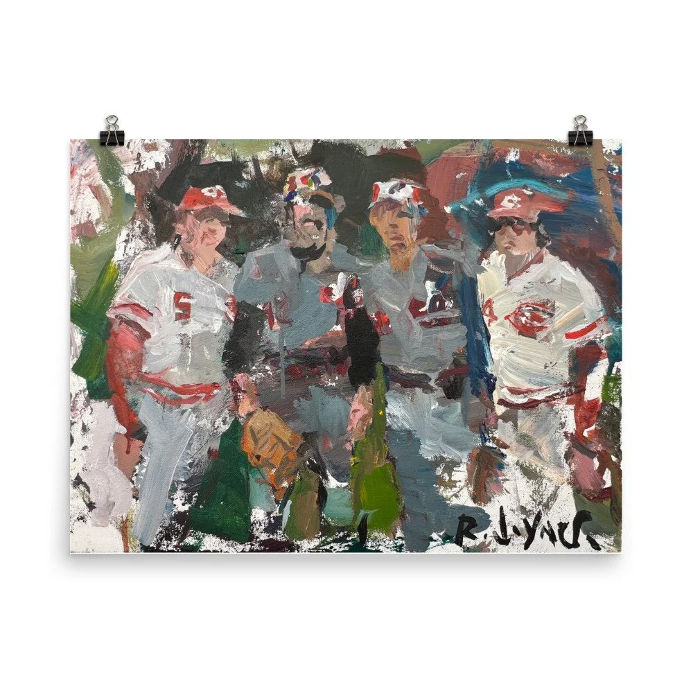 Baseball legends art print by Robert Joyner featuring Johnny Bench Ross Grimsley Tony Perez and Pete Rose hanging from clips