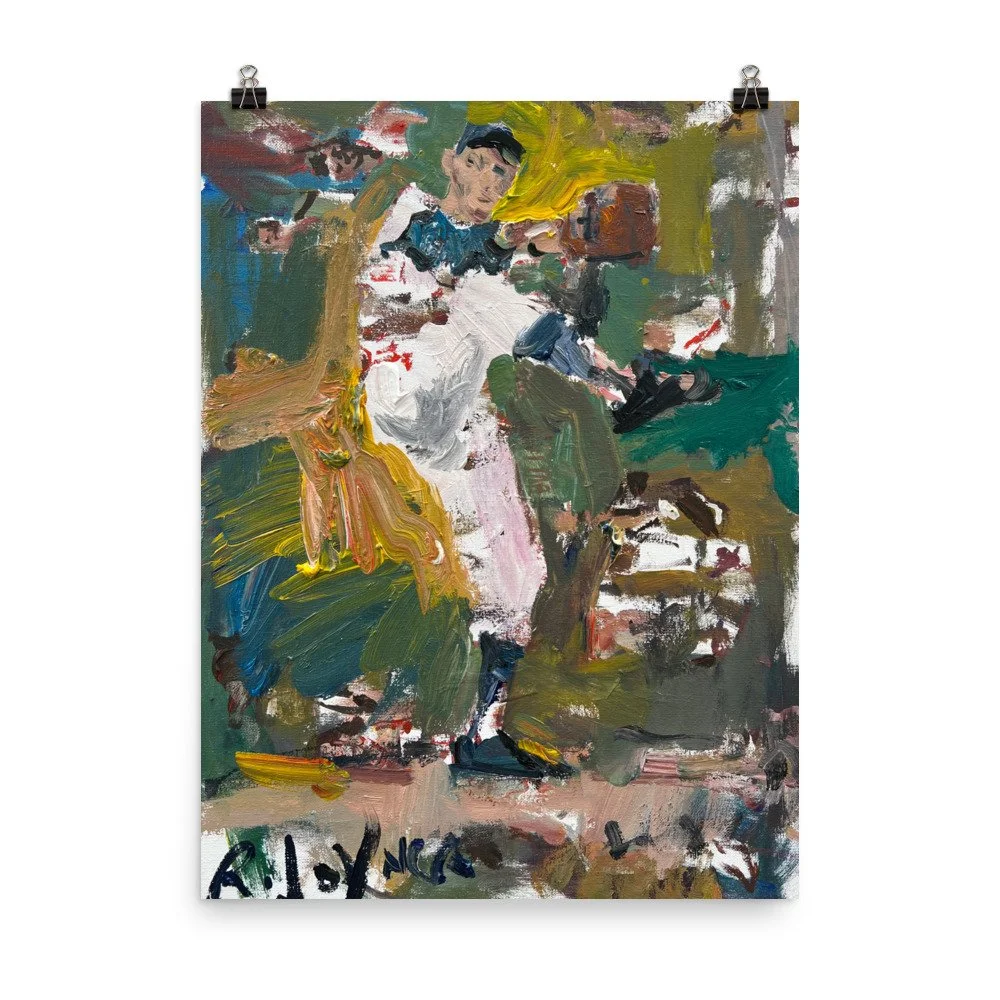 Sandy Koufax Los Angeles Dodgers art print by Robert Joyner, loose expressive baseball painting, iconic pitching windup hanging from clips