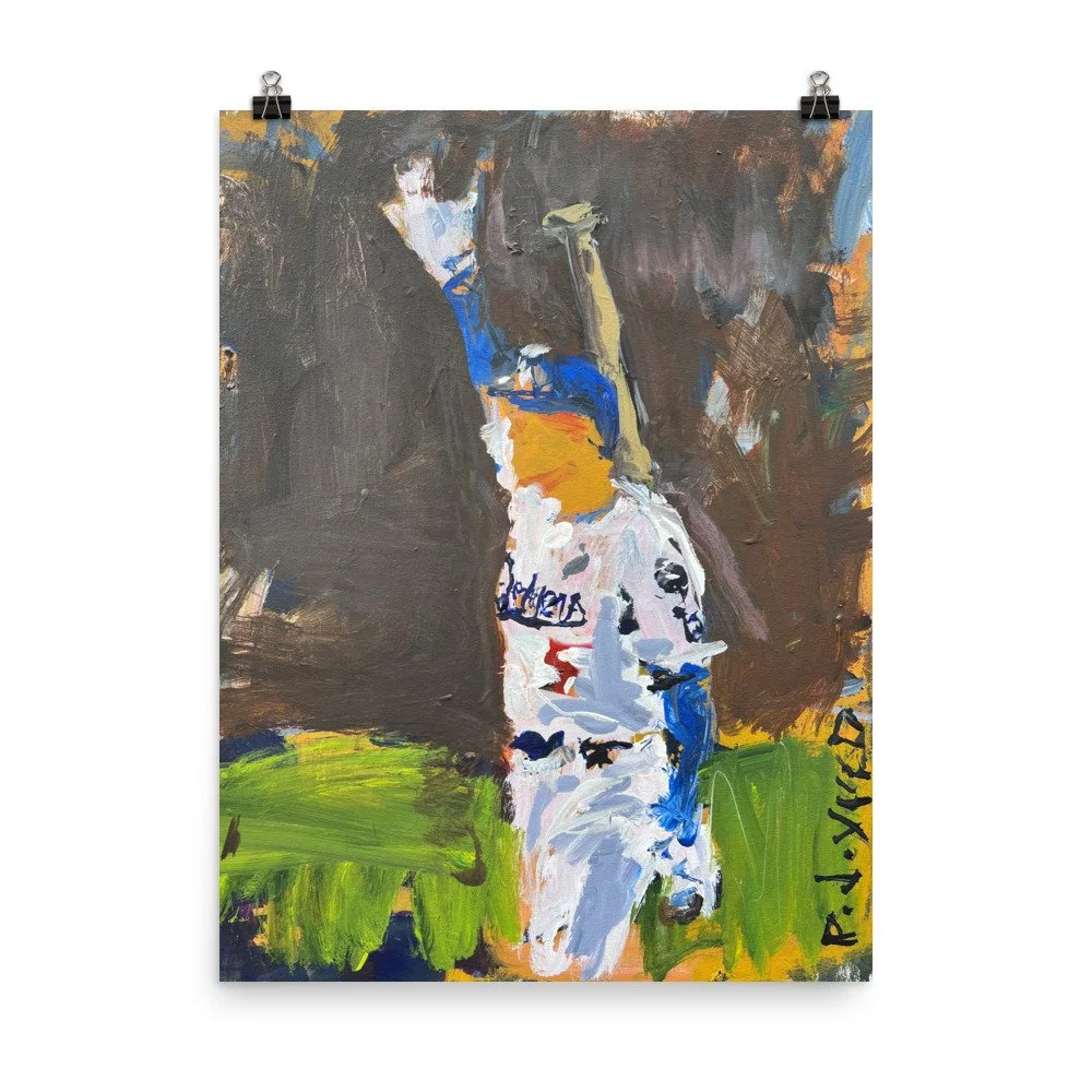 Freddie Freeman Los Angeles Dodgers art print by Robert Joyner, loose expressive baseball painting, iconic walk off grand slam in World Series hanging from clips