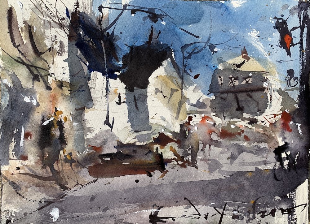 Expressive urban watercolor landscape painting
