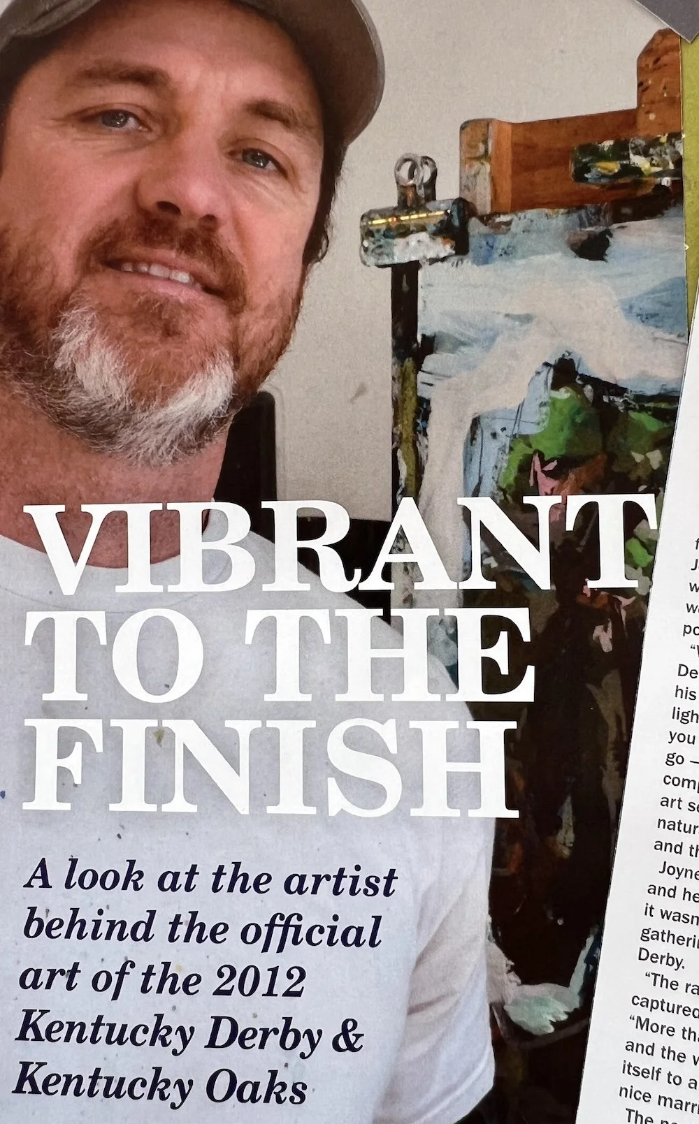 A magazine cover featuring a man with a beard and a hat, with the headline 'VIBRANT TO THE FINISH' and a subtitle about the artist behind the 2012 Kentucky Derby and Kentucky Oaks artwork.