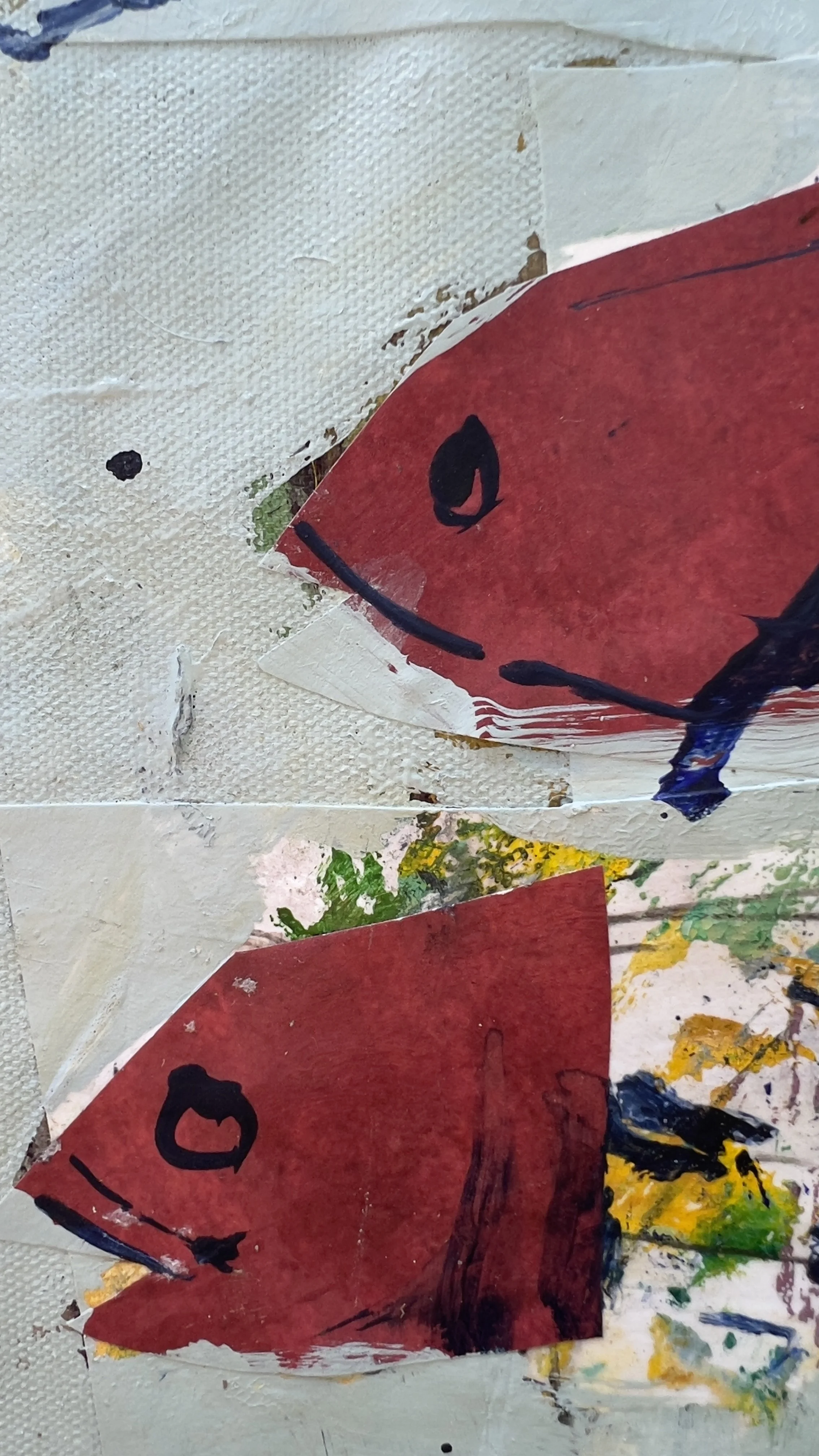 Original mixed media painting of four red fish swimming across a sage green background, loose brushwork and collage - close up 6