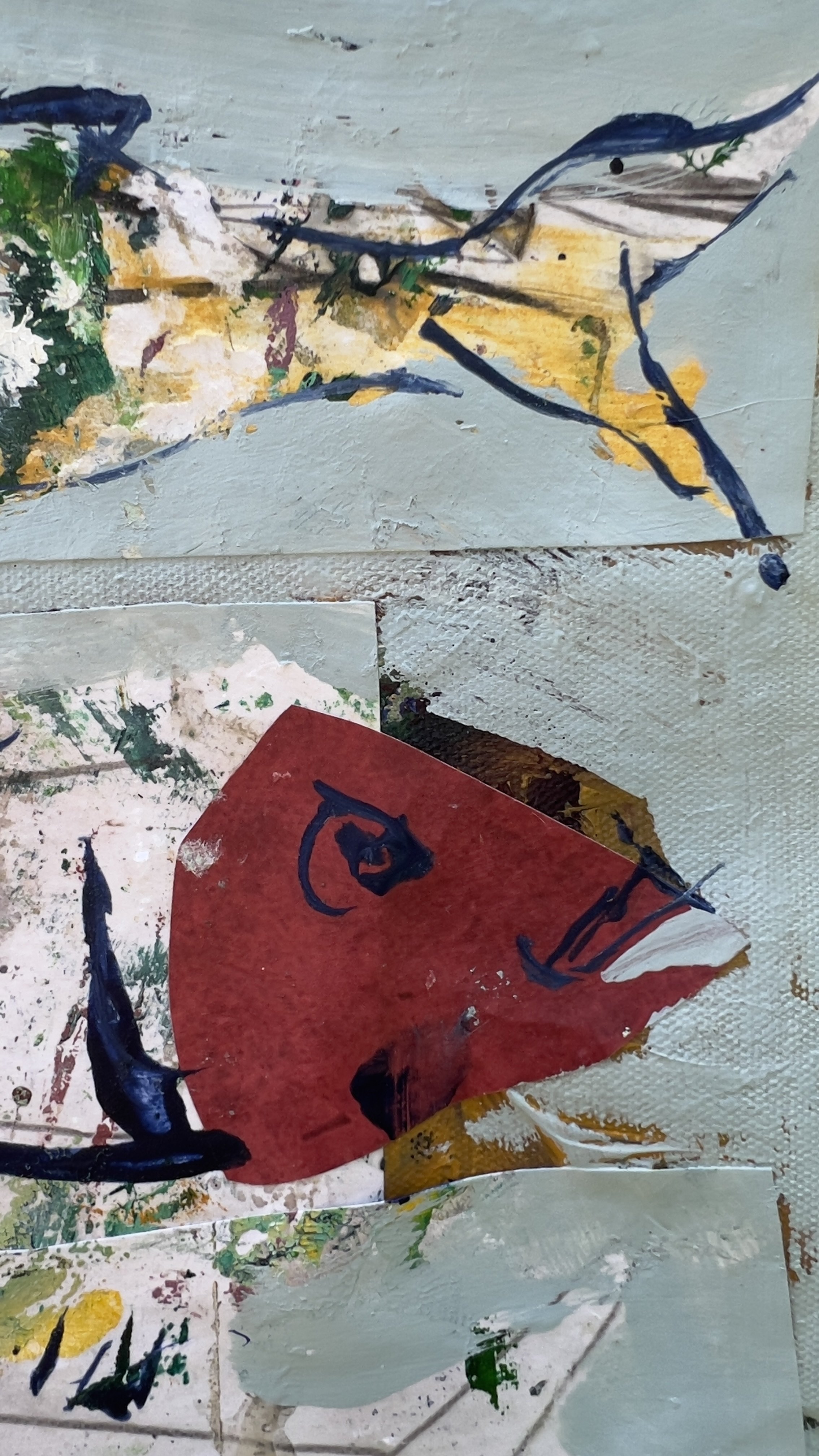 Original mixed media painting of four red fish swimming across a sage green background, loose brushwork and collage - close up 2