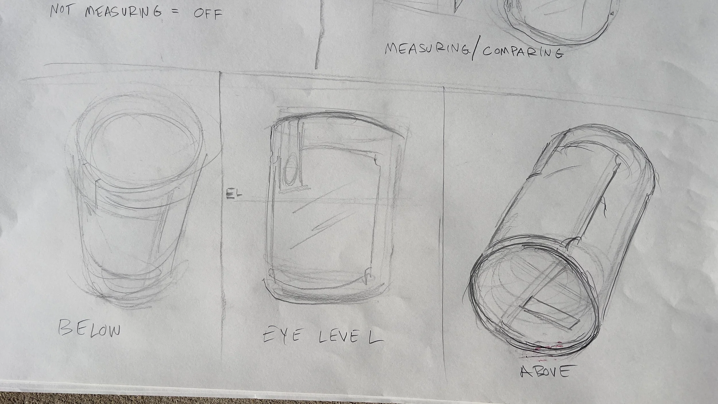 Sketches of a water bottle from different angles, with notes indicating measuring or comparing, with labels such as 'below,' 'eye level,' and 'above.'