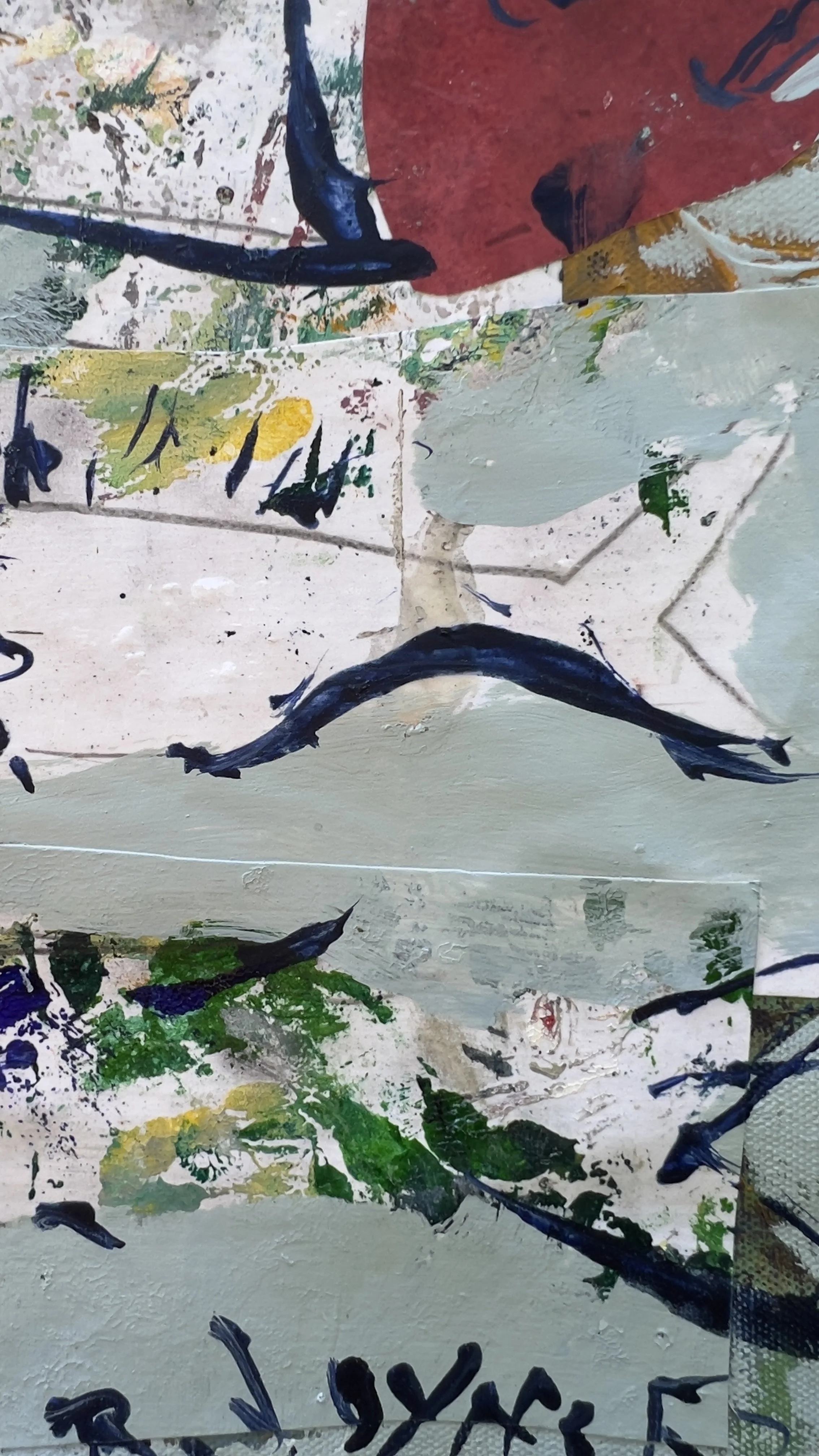 Original mixed media painting of four red fish swimming across a sage green background, loose brushwork and collage - close up 5