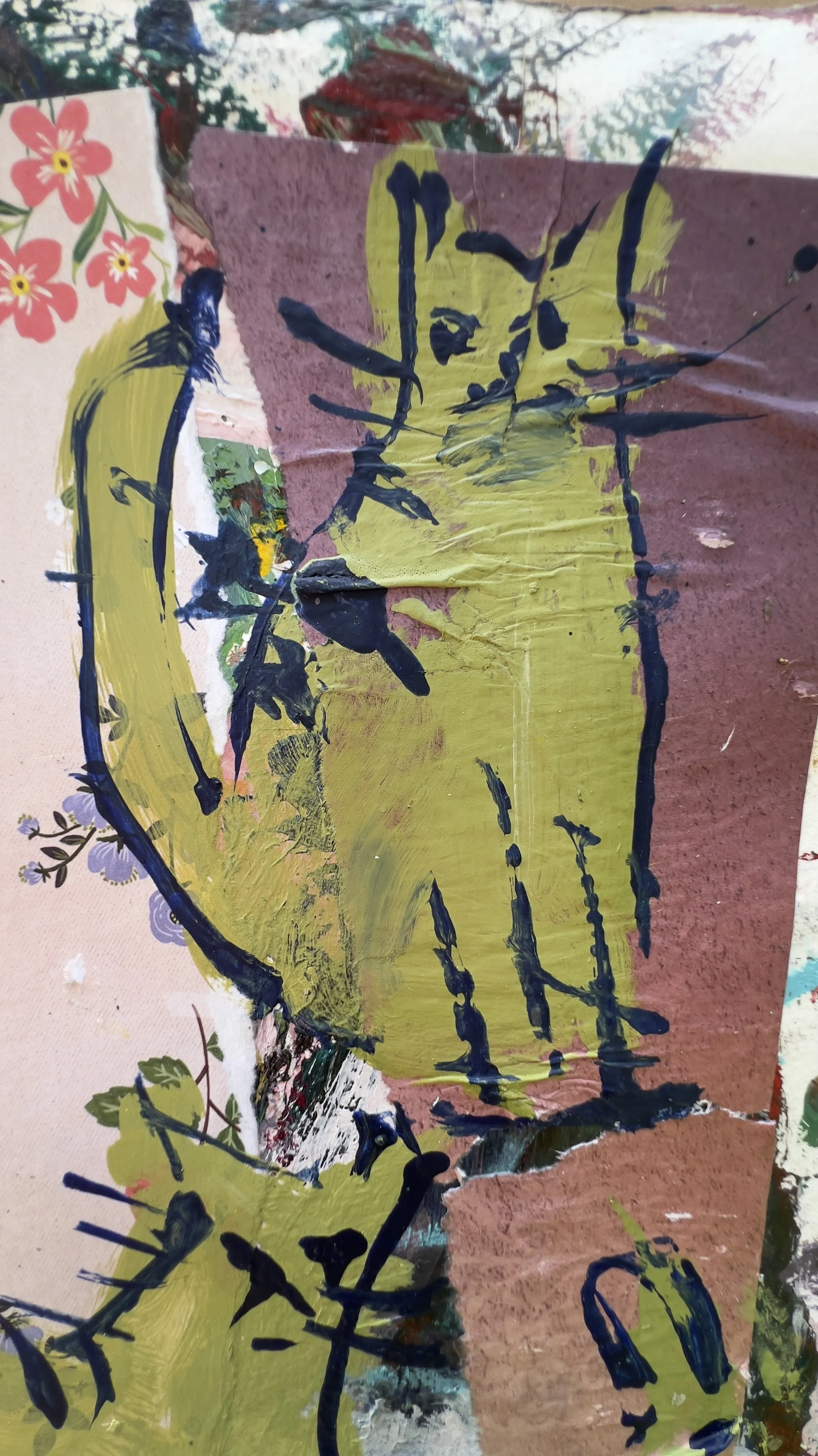 Original mixed media collage of five olive green cats over floral wallpaper background, painted on 11x14" archival paper - close up 2