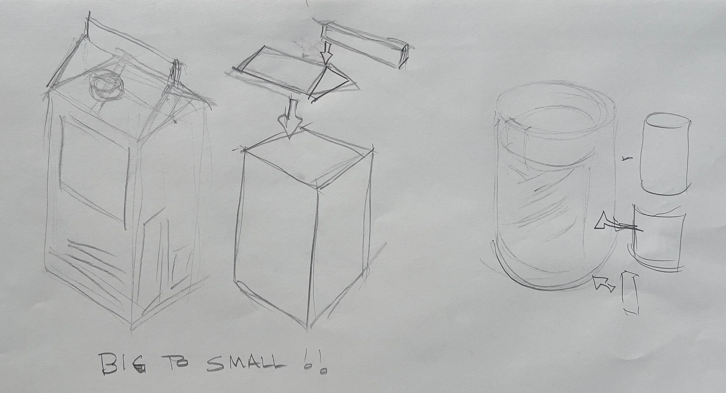 Sketch of different sized containers, including a cube, a rectangular prism, and a cylinder, with arrows indicating shape and size transformation from big to small, with the text 'BIG TO SMALL!'